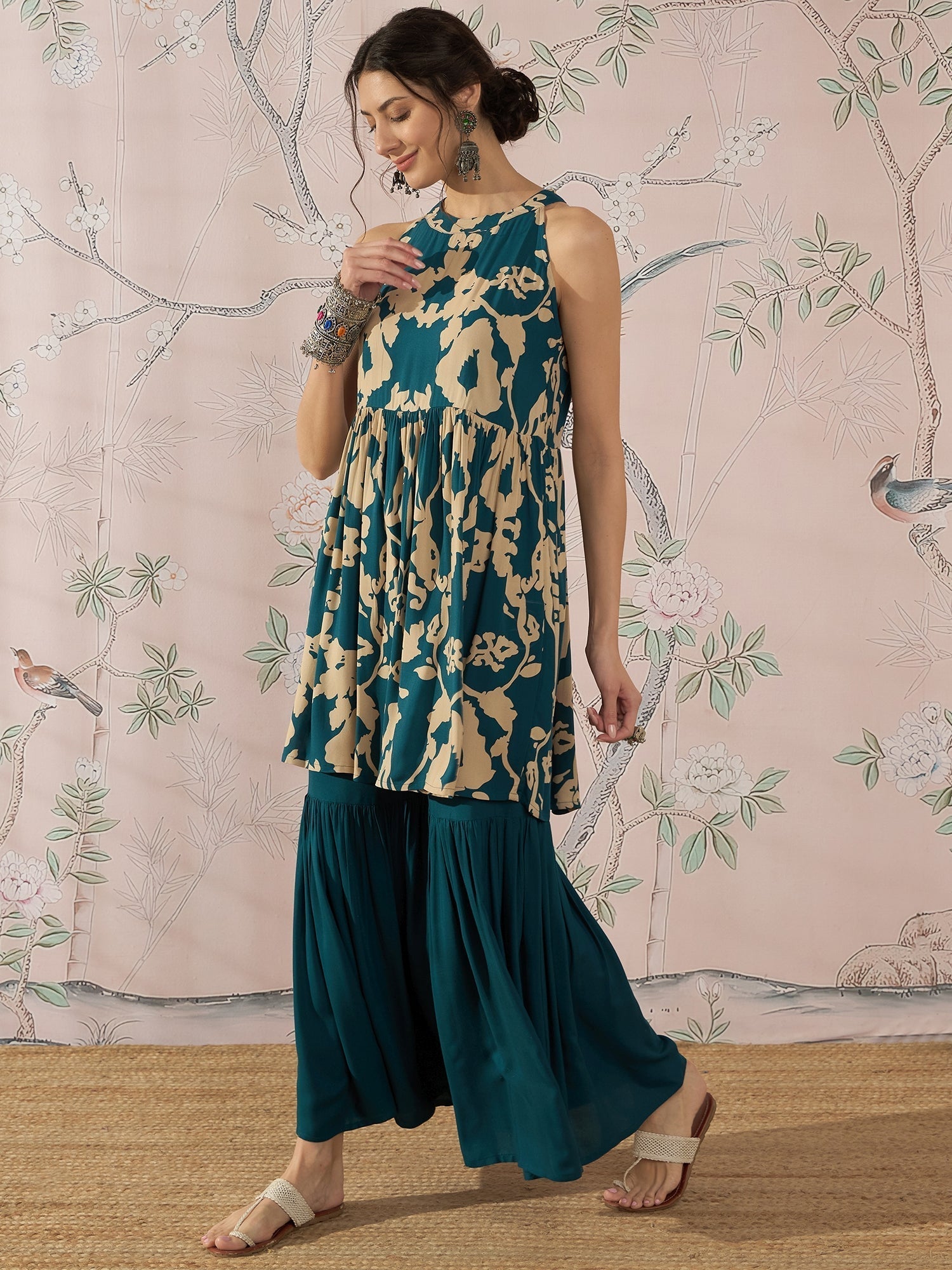 InWeave Teal Beige Halter Kurta Sharara Set 