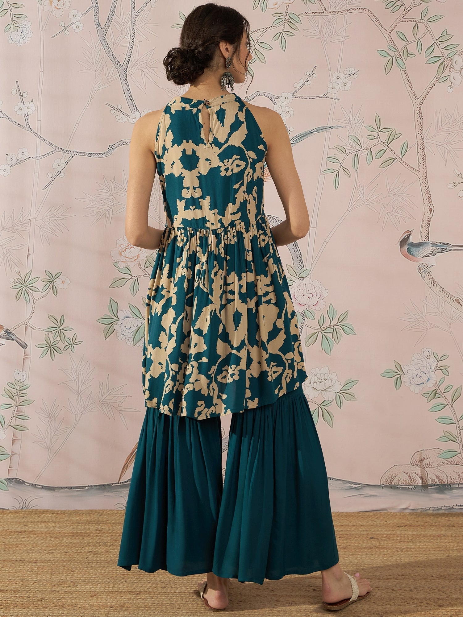 InWeave Teal Beige Halter Kurta Sharara Set 