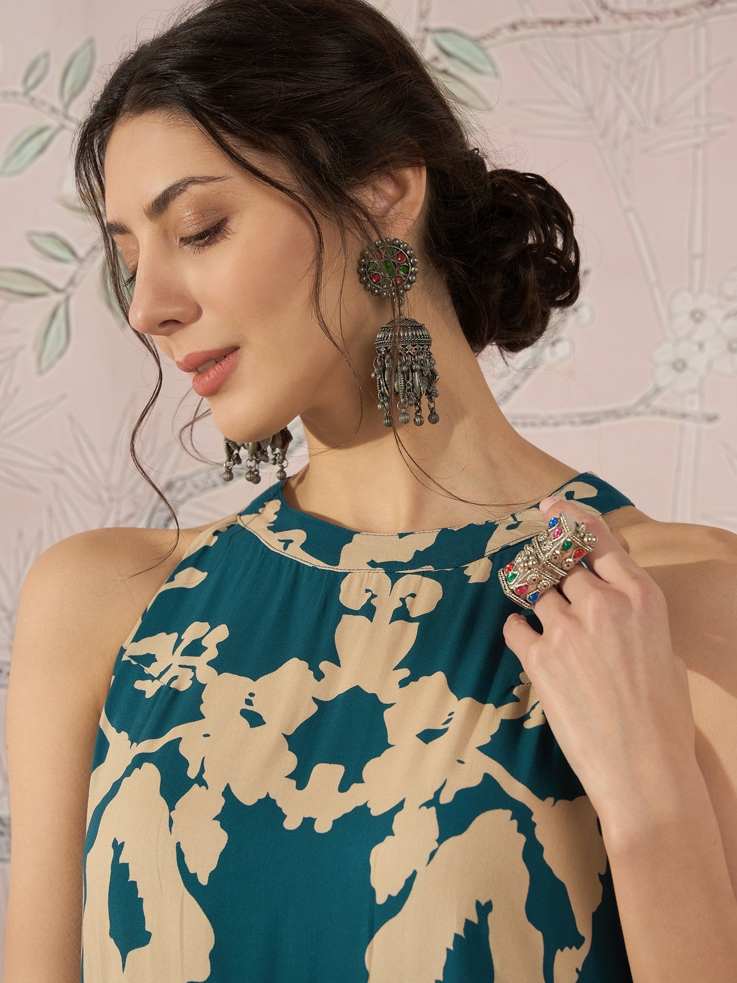 InWeave Teal Beige Halter Kurta Sharara Set 