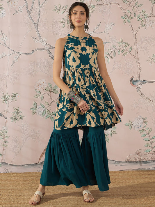 InWeave Teal Beige Halter Kurta Sharara Set 
