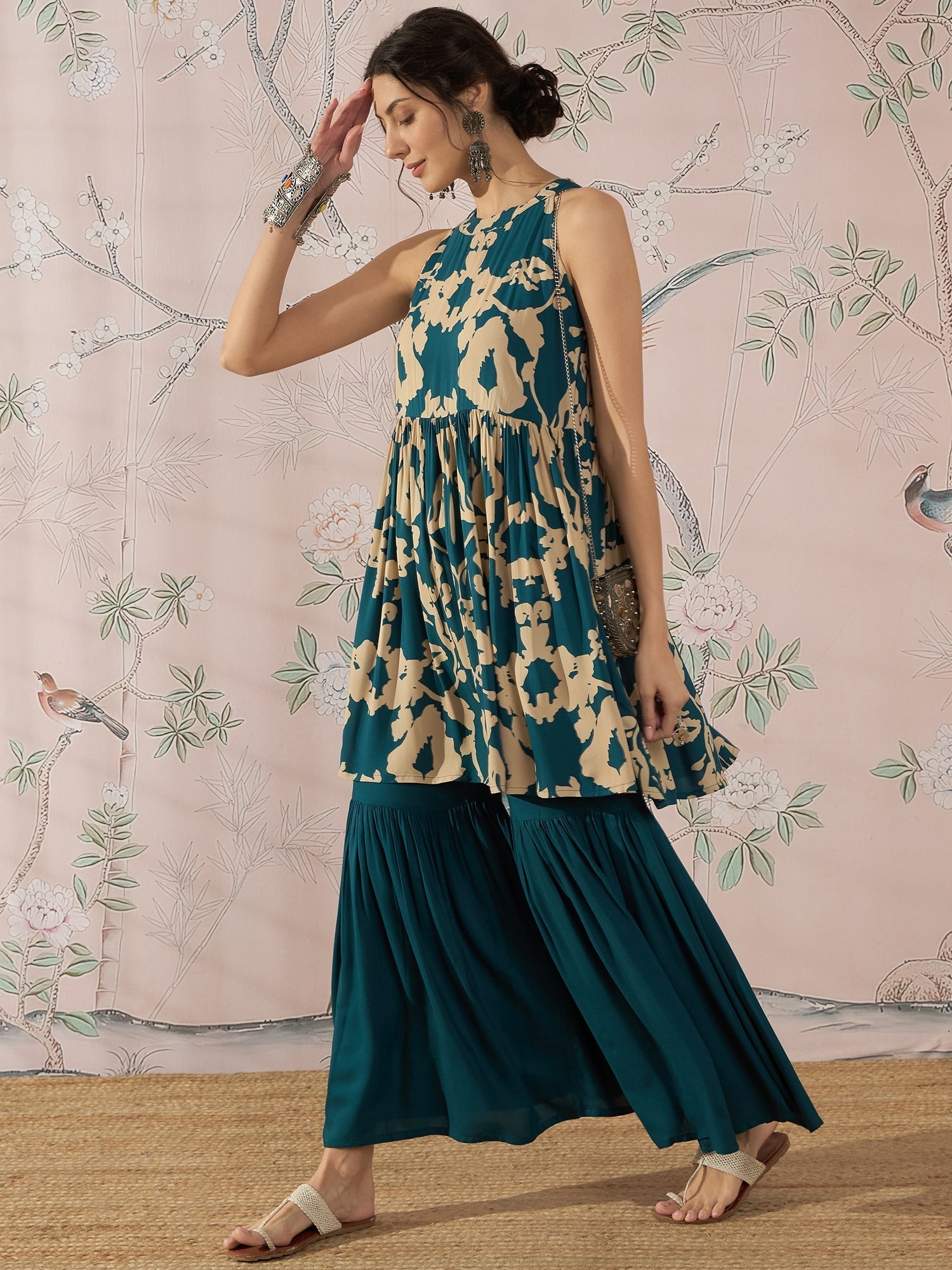 InWeave Teal Beige Halter Kurta Sharara Set 
