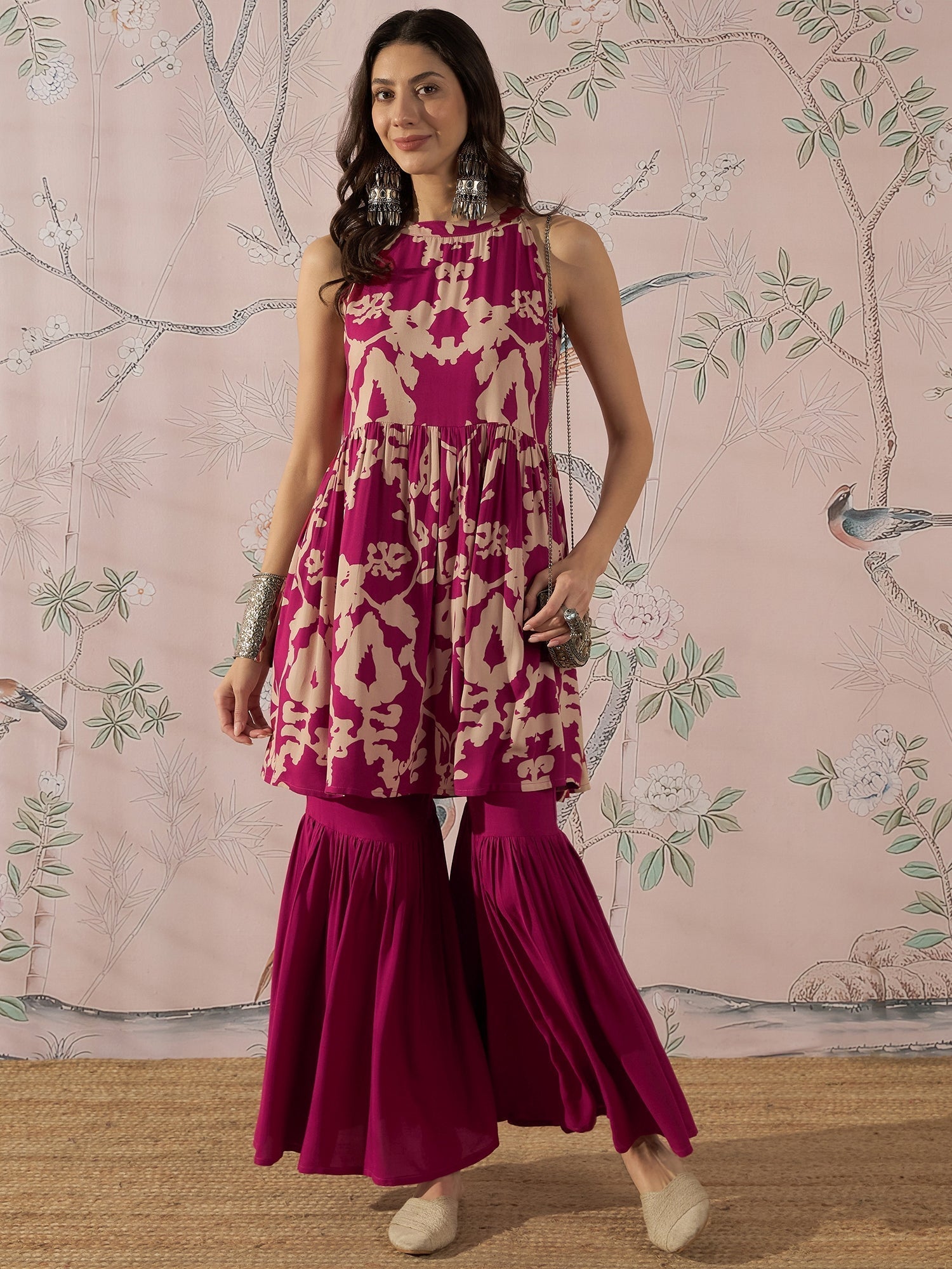 InWeave Jam Pink Beige Halter Kurta Sharara Set 