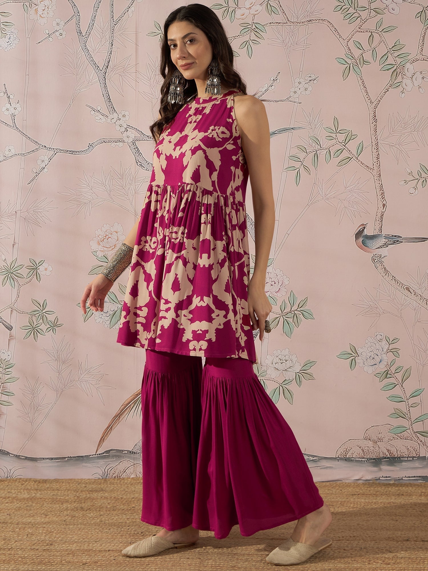 InWeave Jam Pink Beige Halter Kurta Sharara Set 