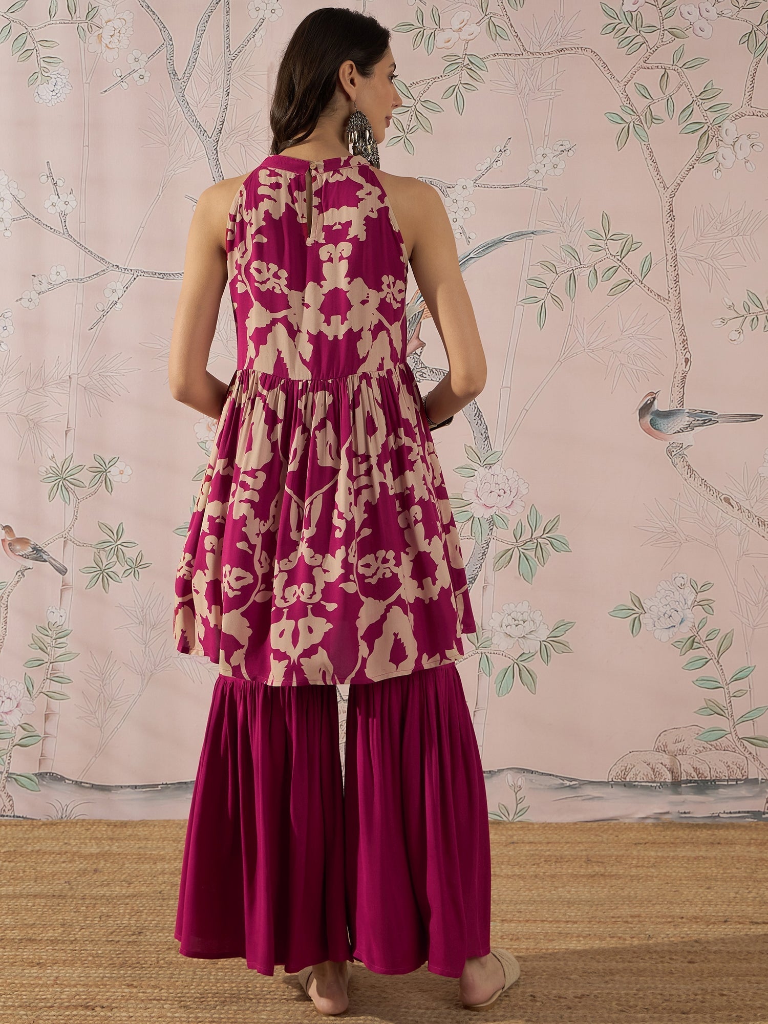 InWeave Jam Pink Beige Halter Kurta Sharara Set 