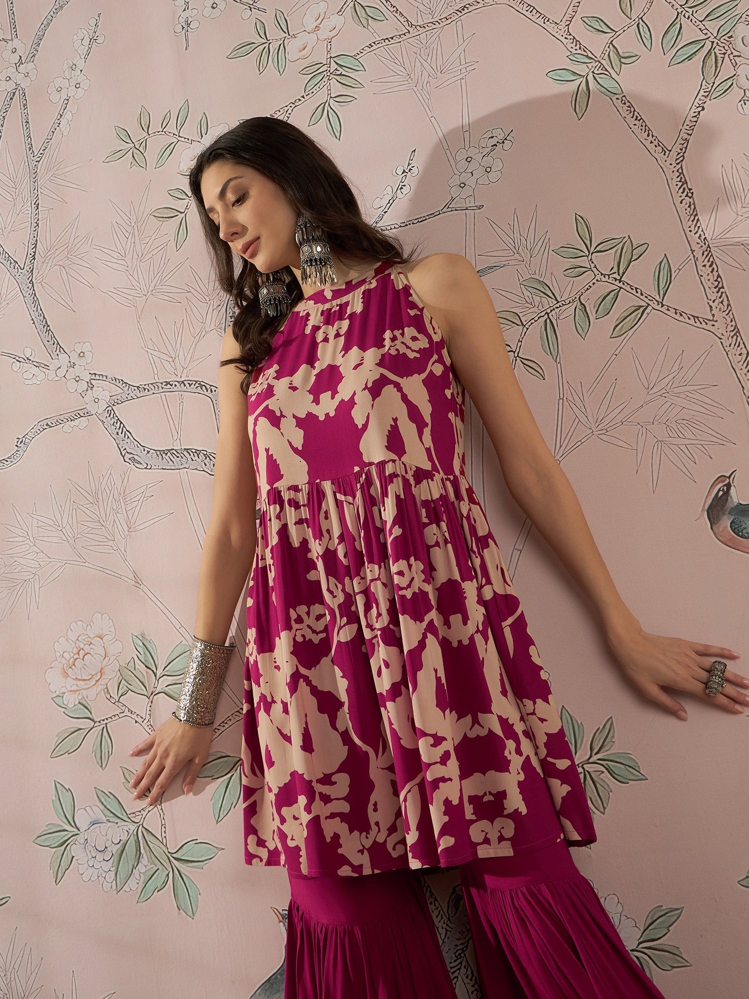 InWeave Jam Pink Beige Halter Kurta Sharara Set 