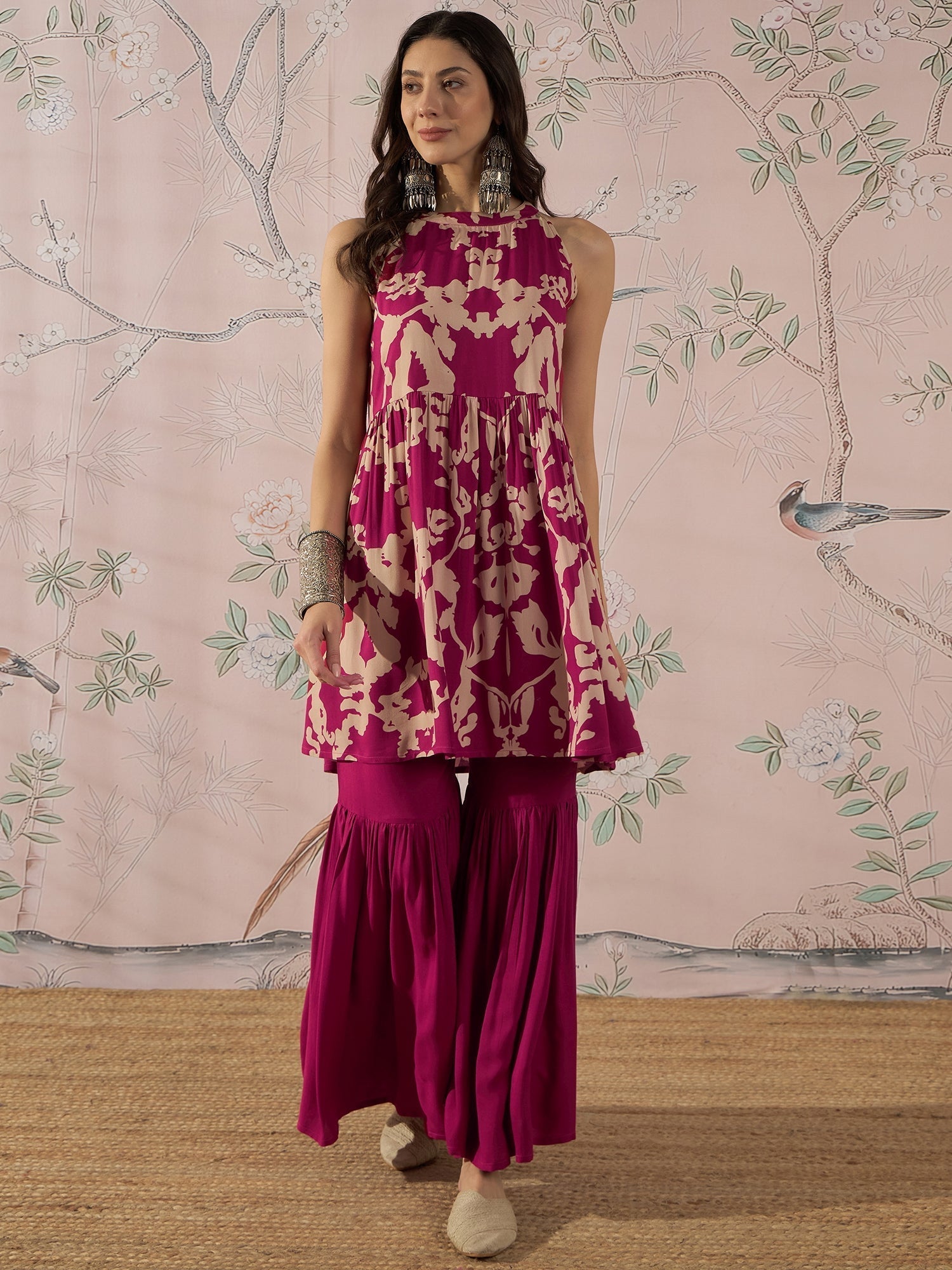 InWeave Jam Pink Beige Halter Kurta Sharara Set 
