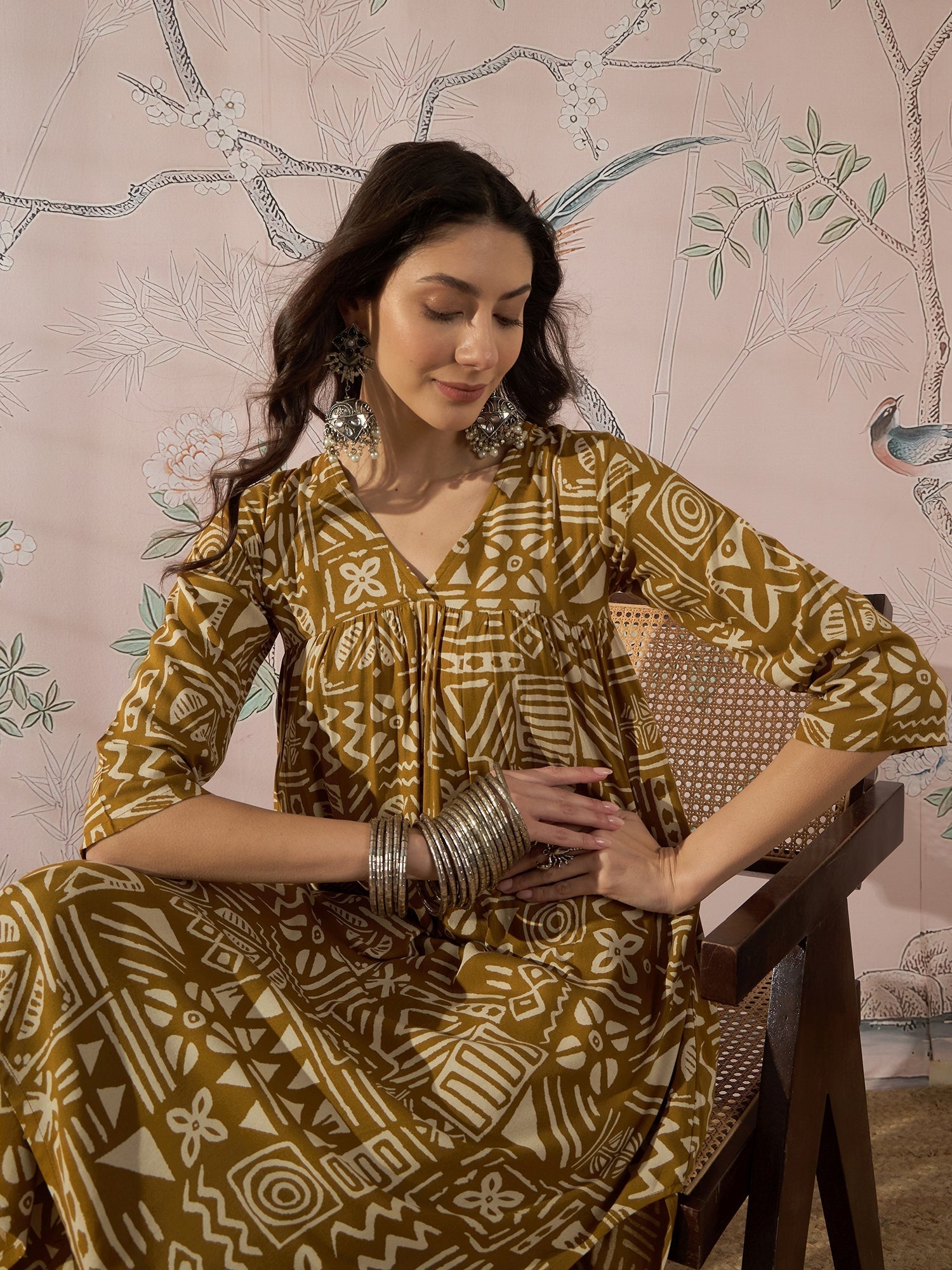 InWeave Dark Yellow Ethnic Flared Kurta Set 