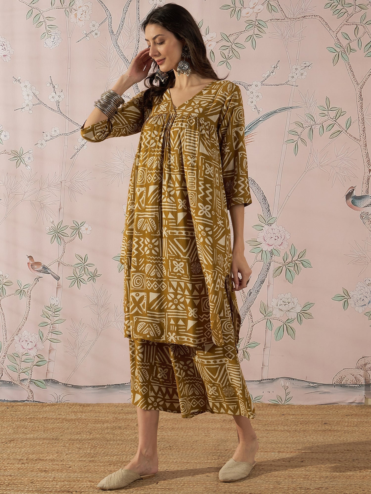 InWeave Dark Yellow Ethnic Flared Kurta Set 