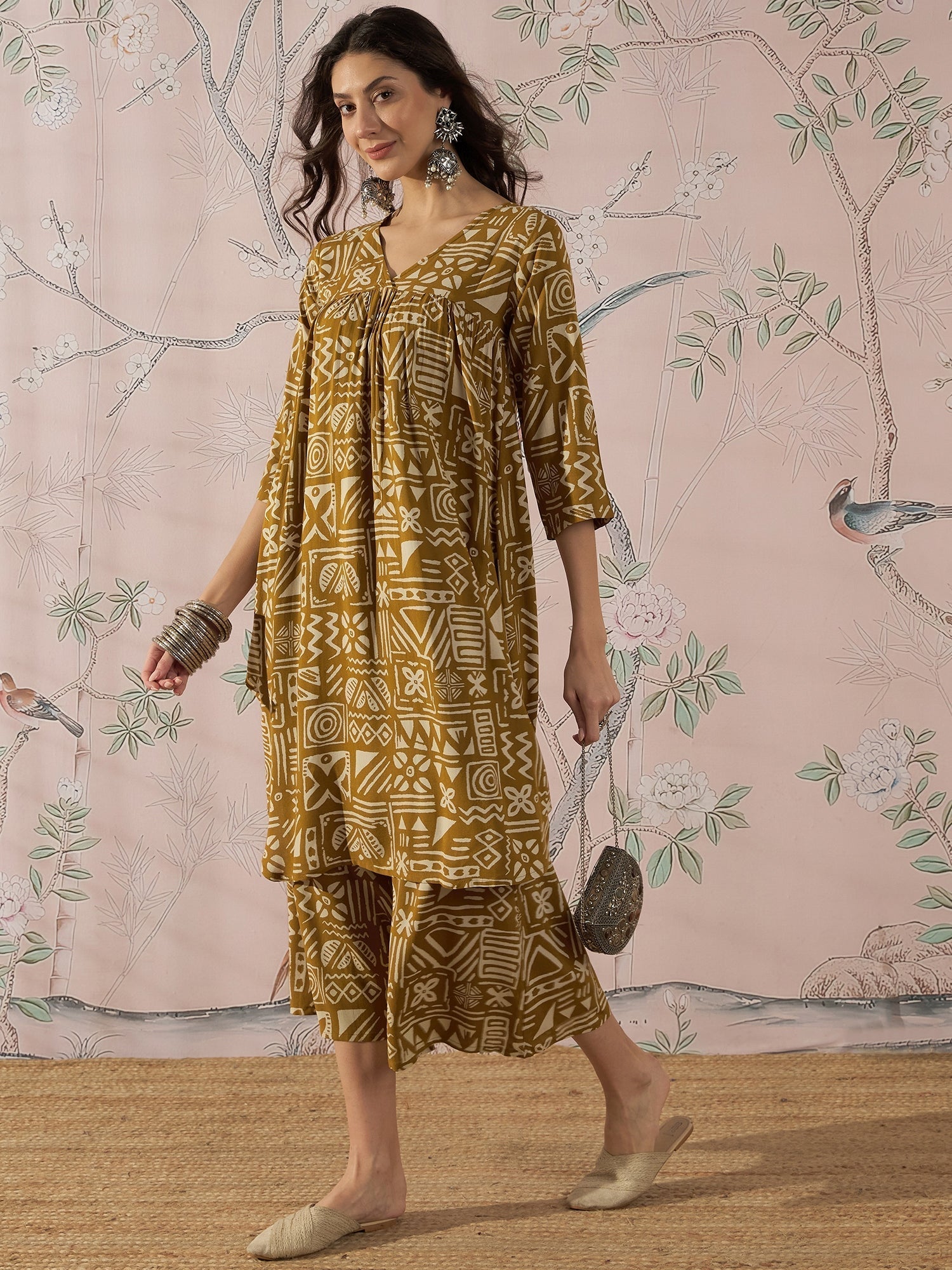 InWeave Dark Yellow Ethnic Flared Kurta Set 