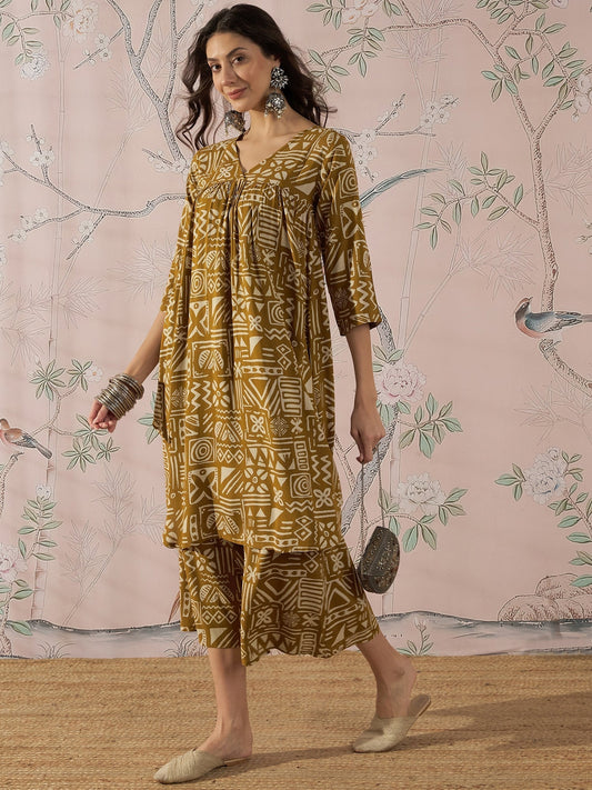InWeave Dark Yellow Ethnic Flared Kurta Set 