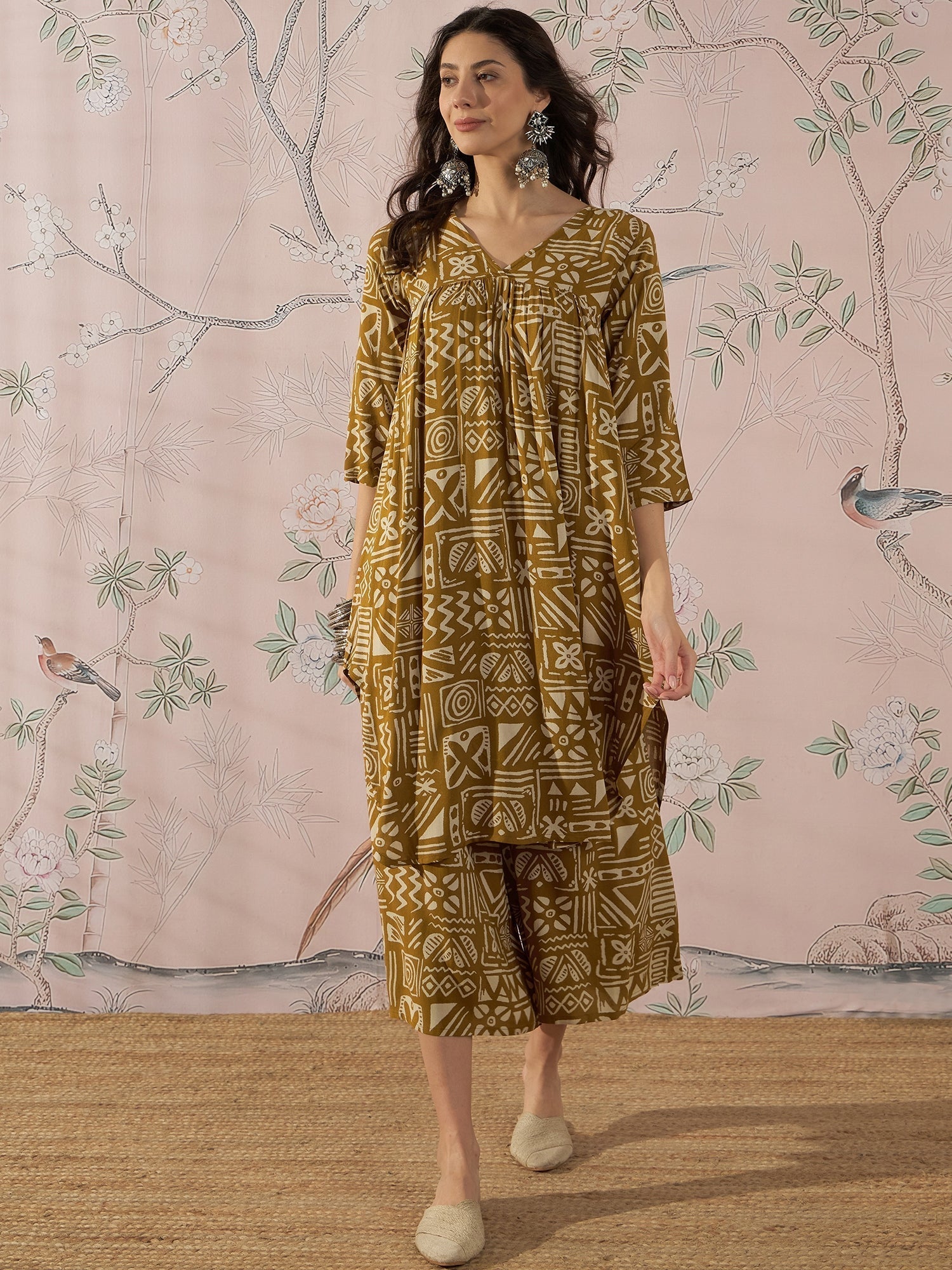InWeave Dark Yellow Ethnic Flared Kurta Set 