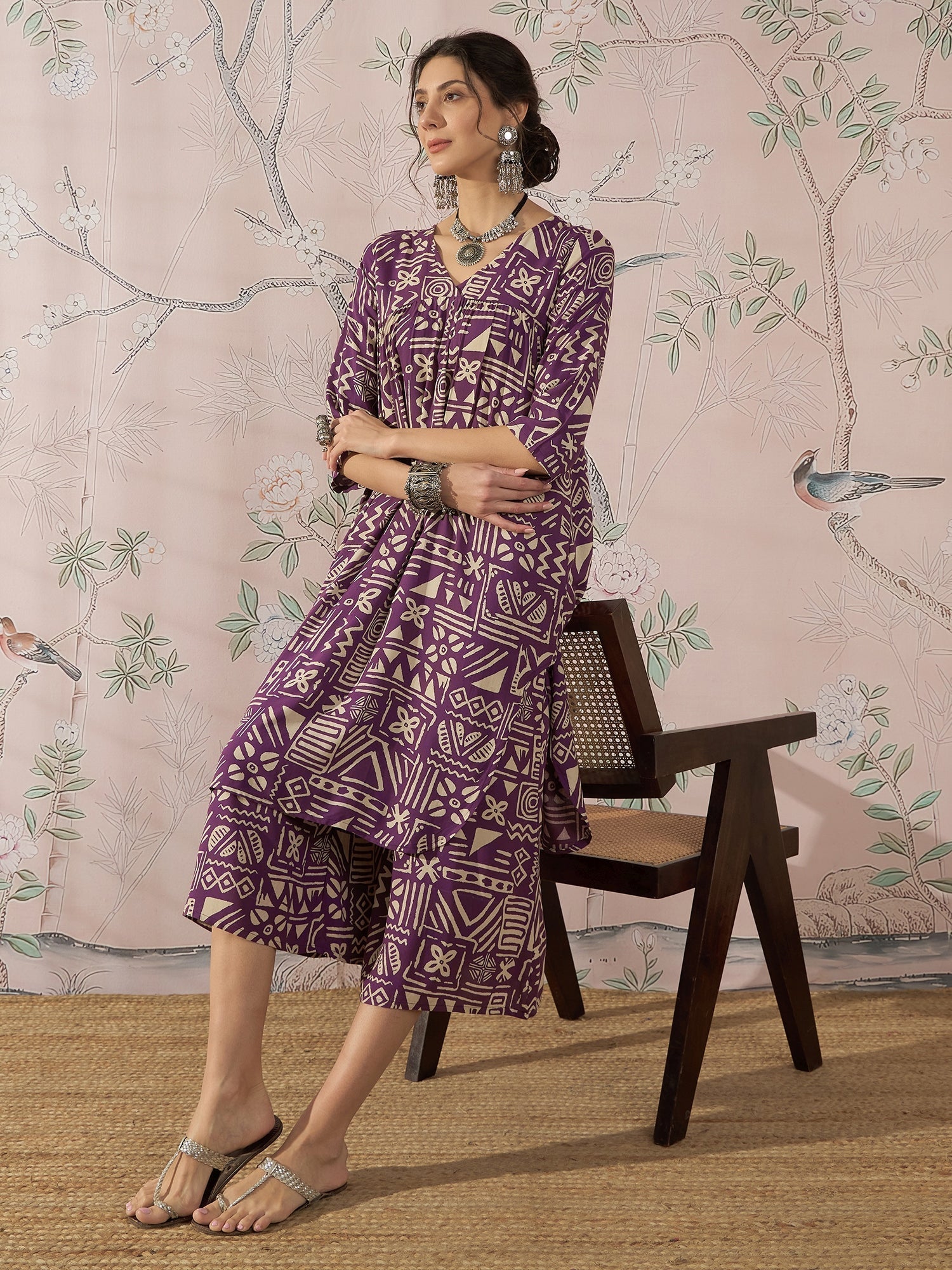 InWeave Dusty Mauve Ethnic Flared Kurta Set 