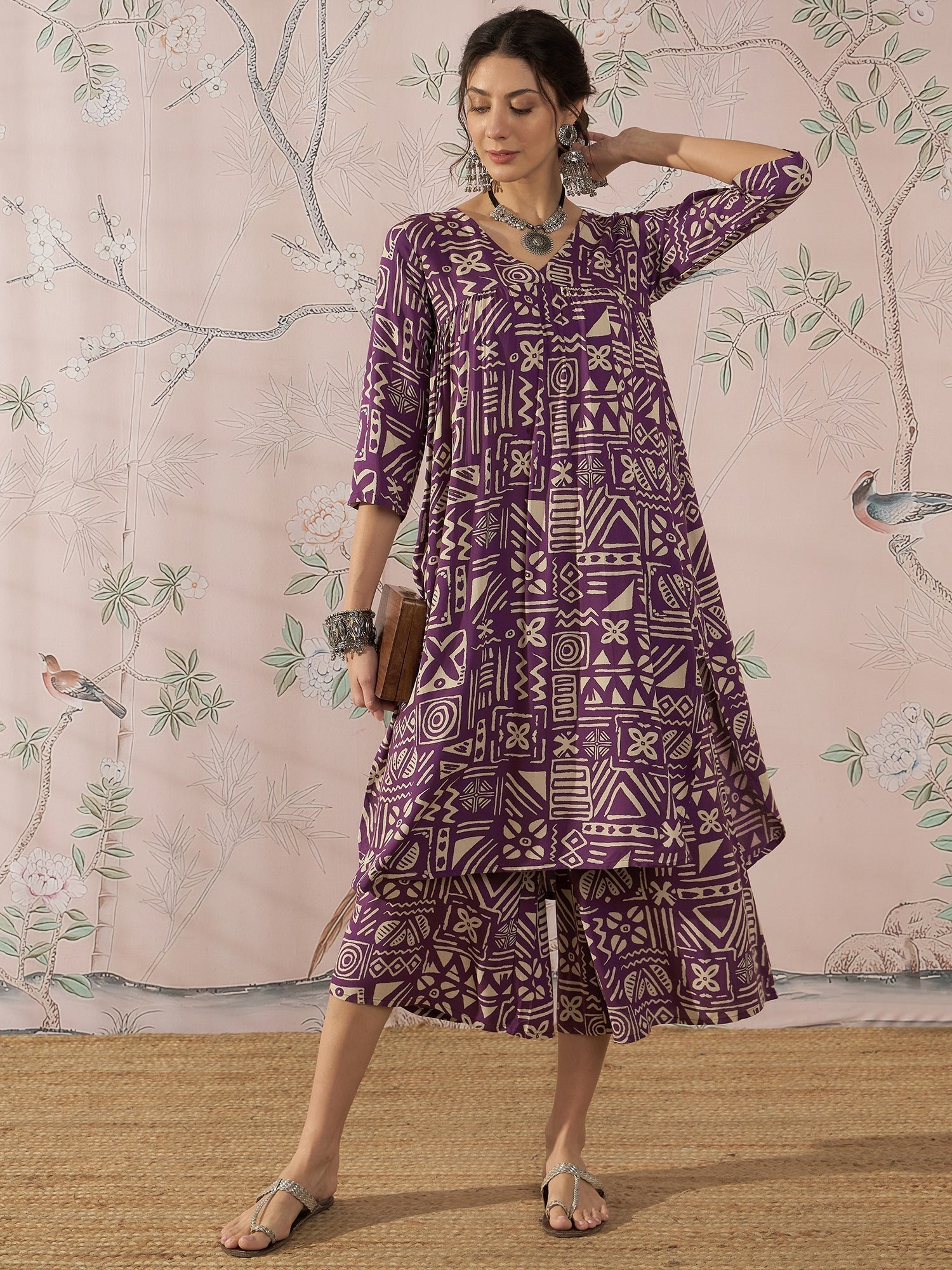 InWeave Dusty Mauve Ethnic Flared Kurta Set 