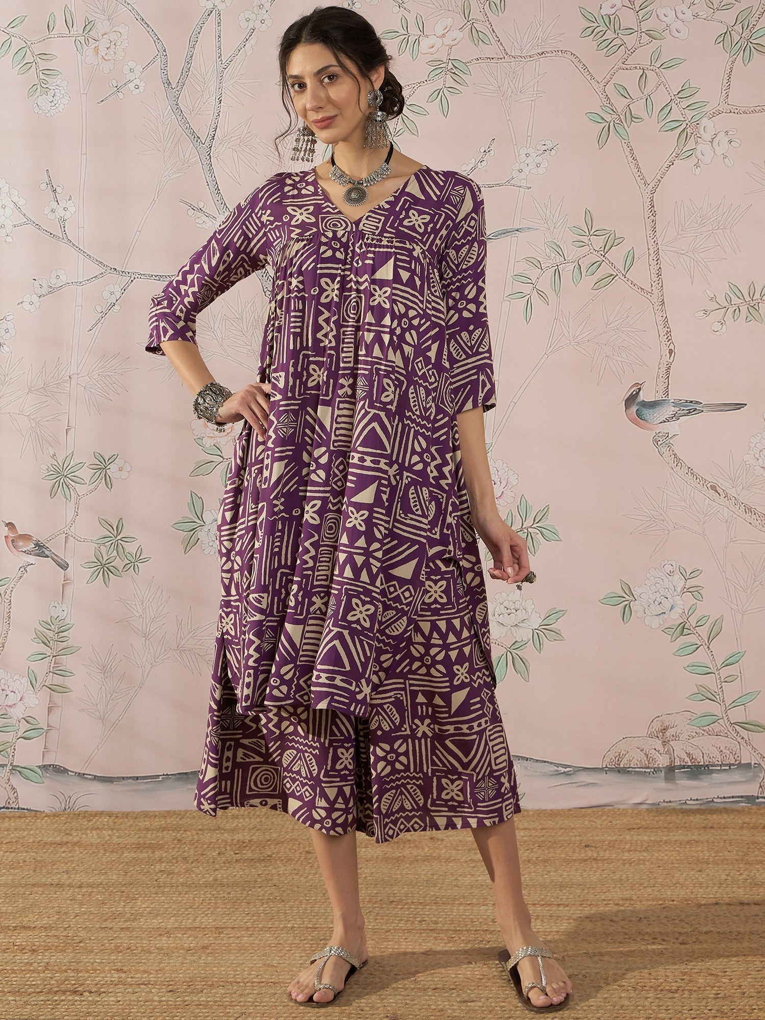 InWeave Dusty Mauve Ethnic Flared Kurta Set 