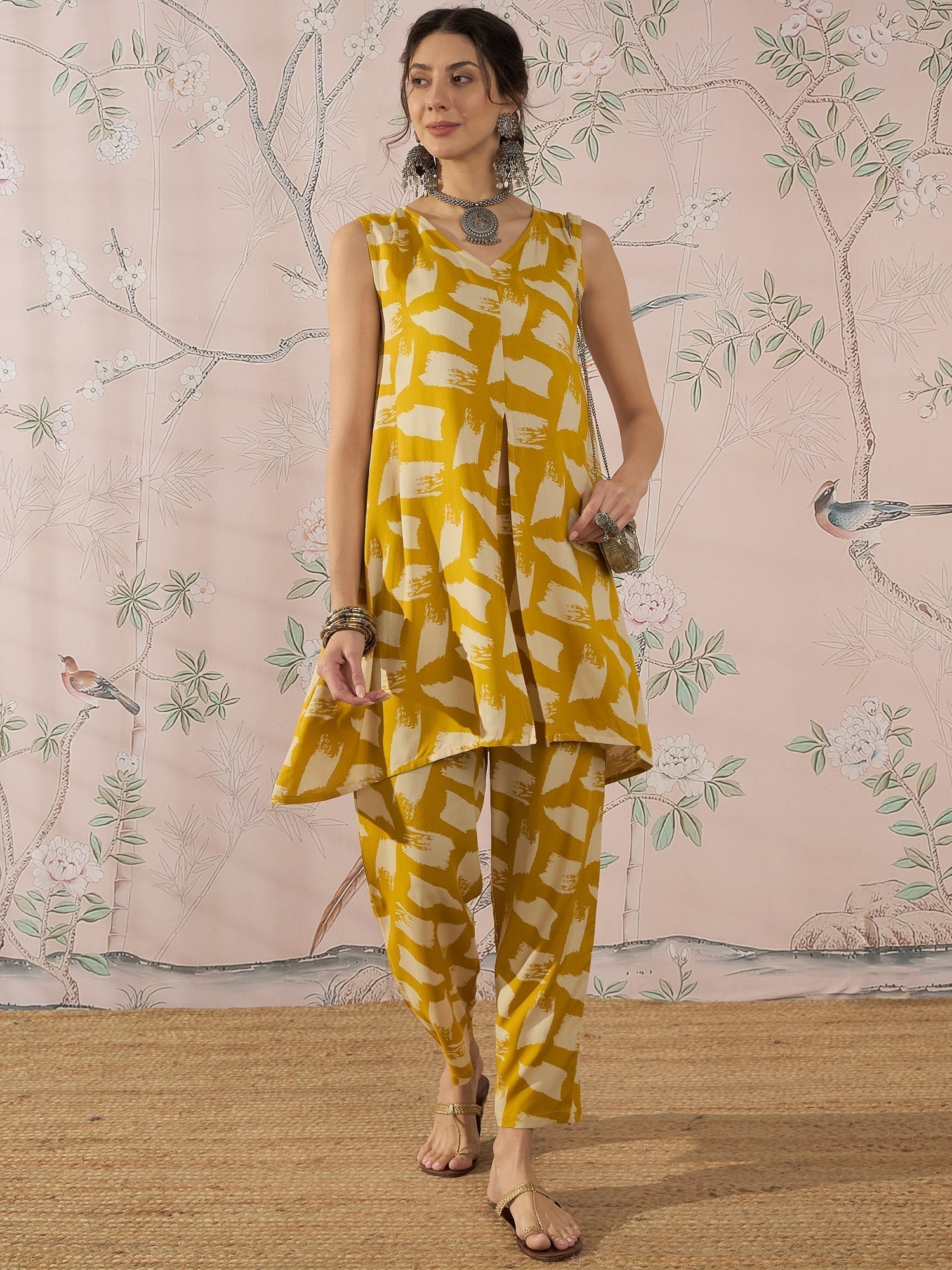 InWeave Honey Yellow Beige Slit Kurta Set 