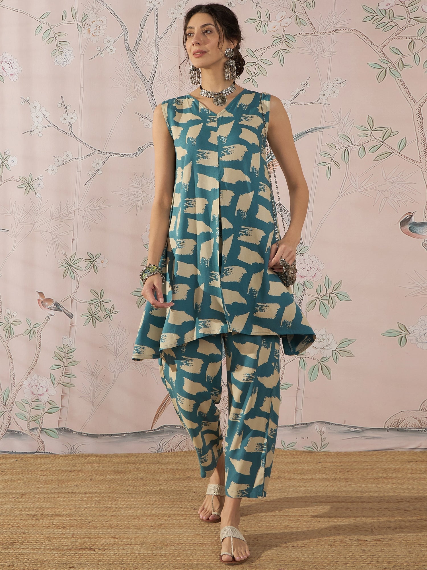 InWeave Marin Teal Beige Slit Kurta Set 