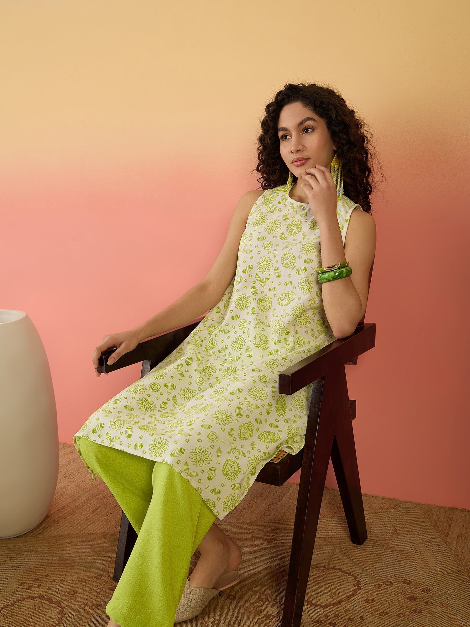 InWeave Green White Rubber R Neck Kurta Set 