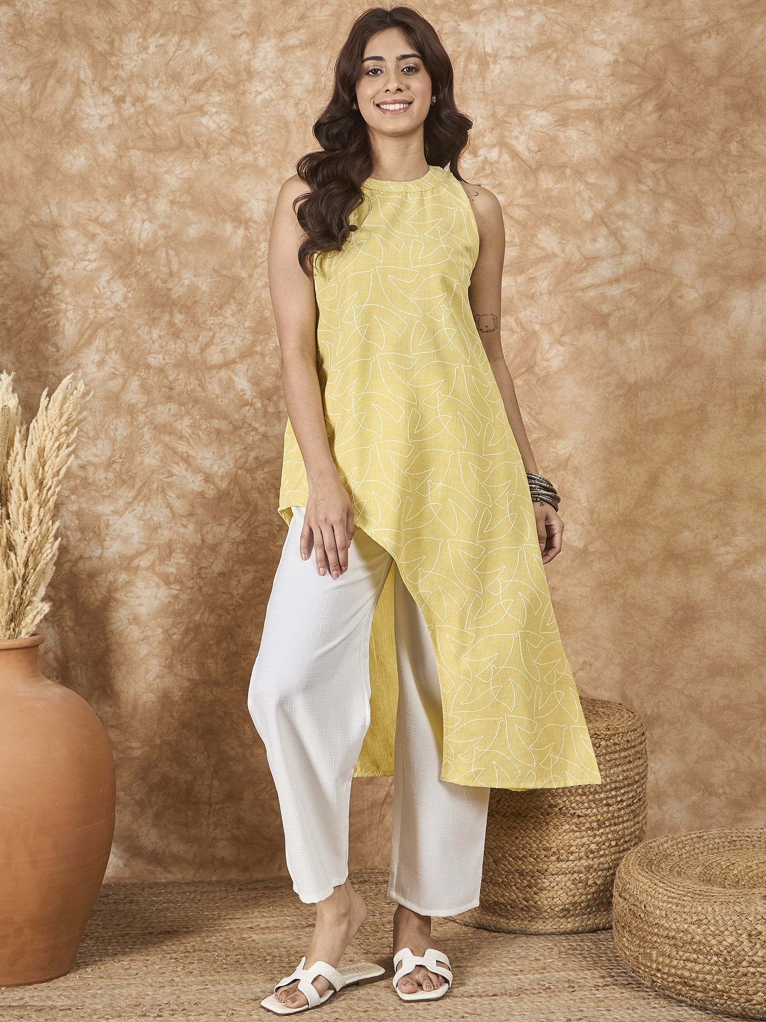 InWeave Light Yellow Side Asymmetric Kurta Set 
