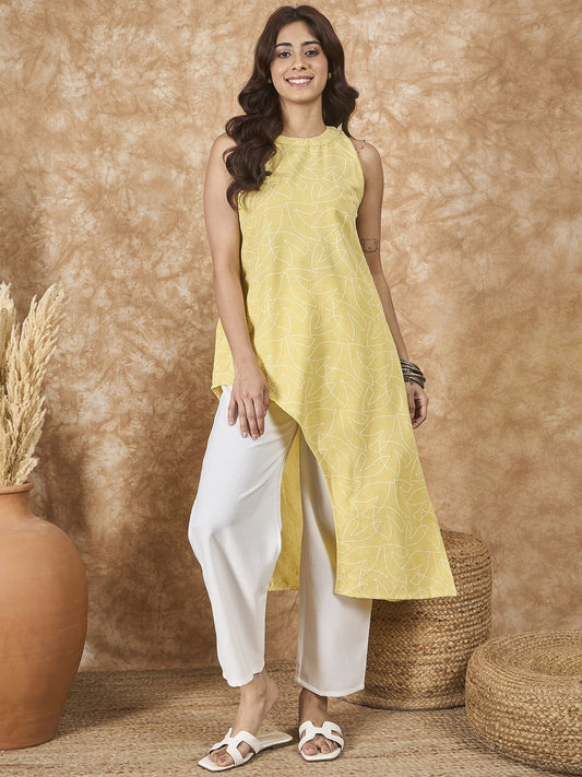 InWeave Light Yellow Side Asymmetric Kurta Set 