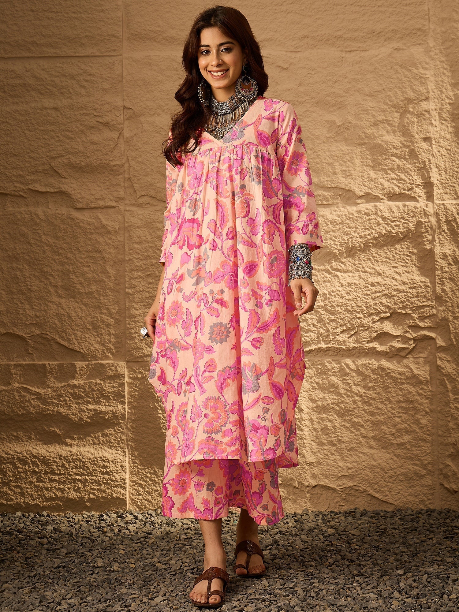 InWeave Light Peach Big V-Flared Kurta Set 