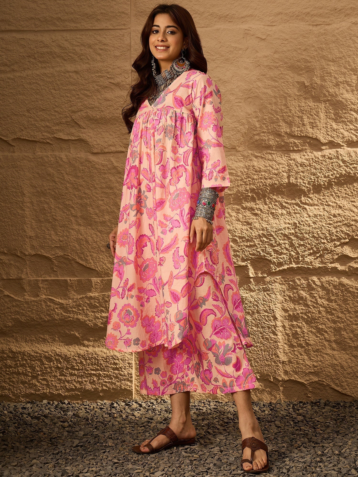 InWeave Light Peach Big V-Flared Kurta Set 
