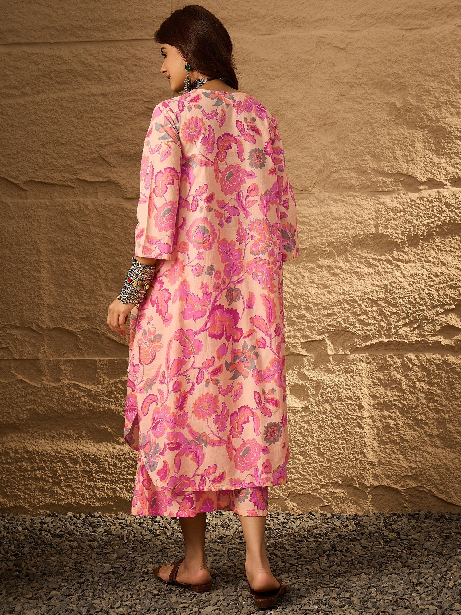 InWeave Light Peach Big V-Flared Kurta Set 