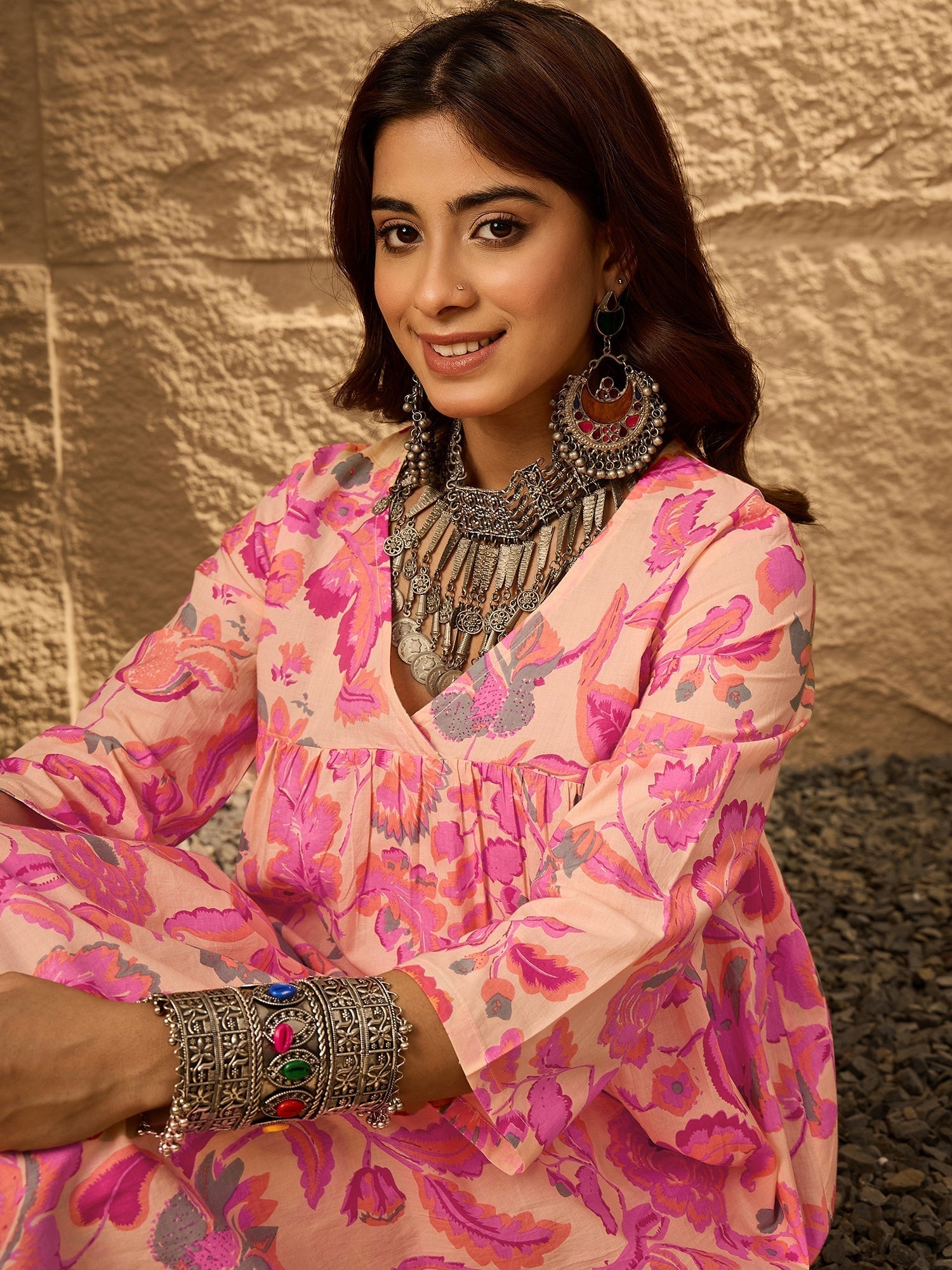 InWeave Light Peach Big V-Flared Kurta Set 