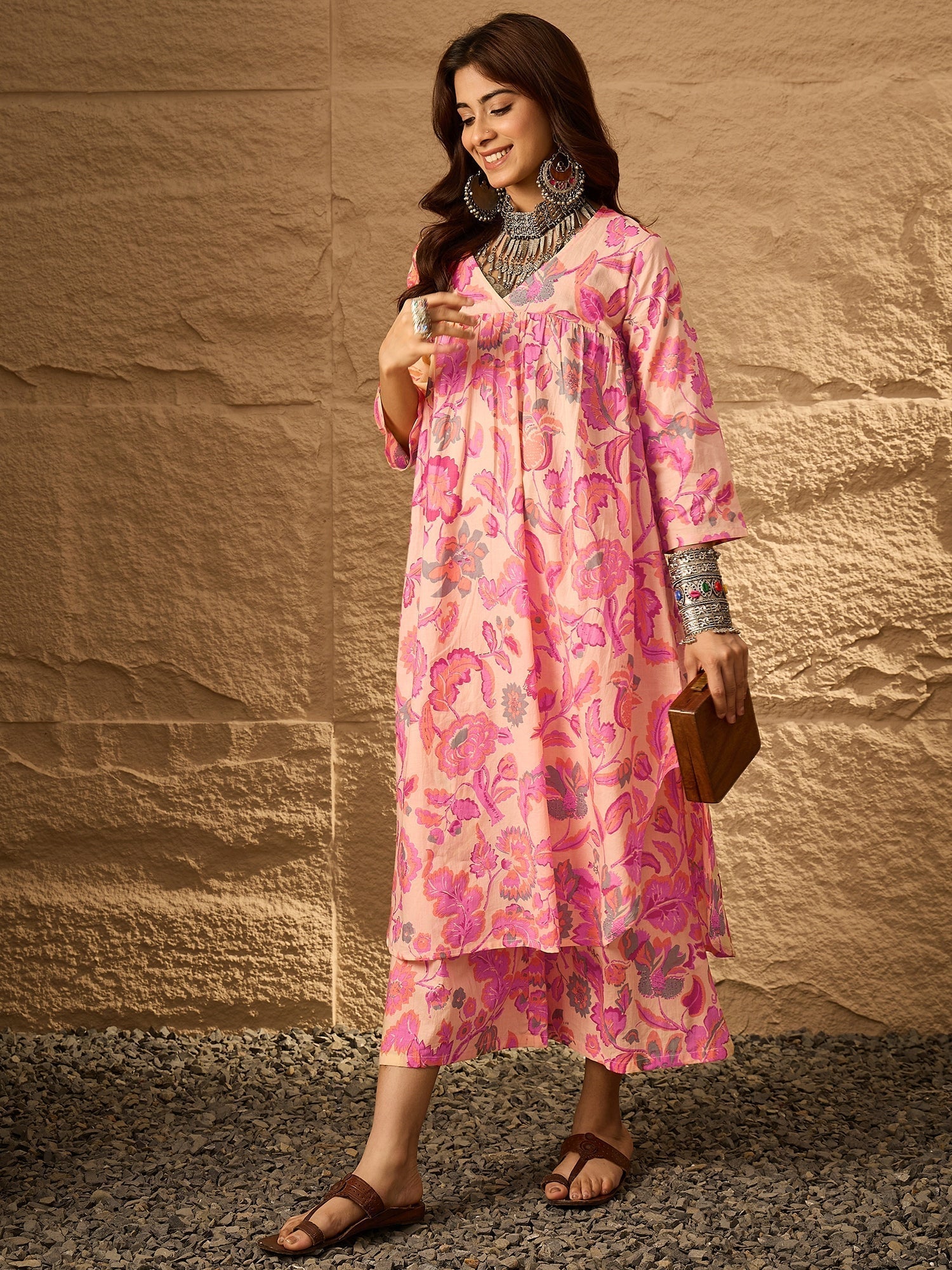 InWeave Light Peach Big V-Flared Kurta Set 