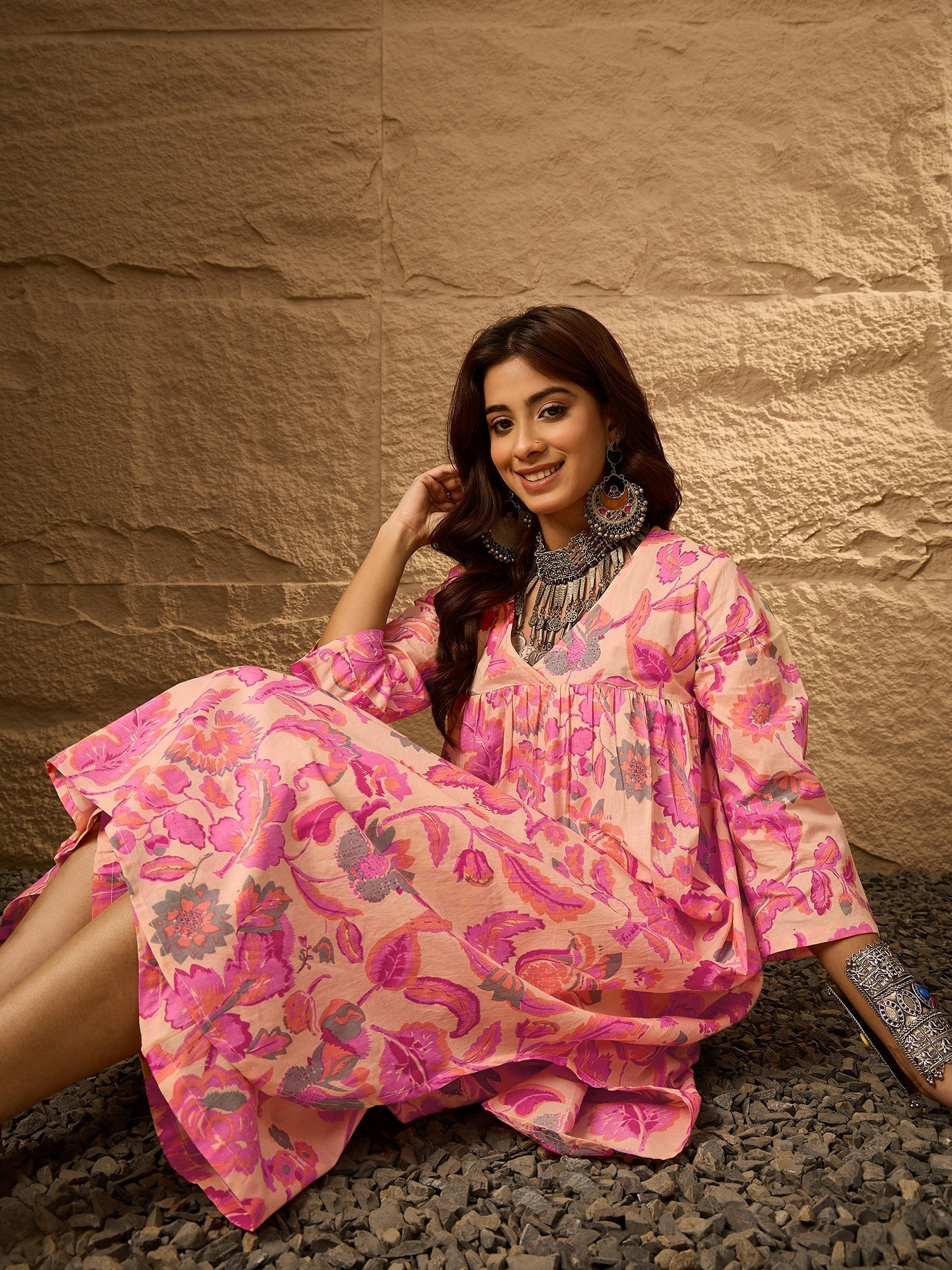 InWeave Light Peach Big V-Flared Kurta Set 
