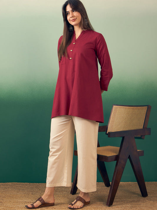 InWeave Burgundy Mandarin V Neck Button Kurta Cream Pant Set | Grab2Buy
