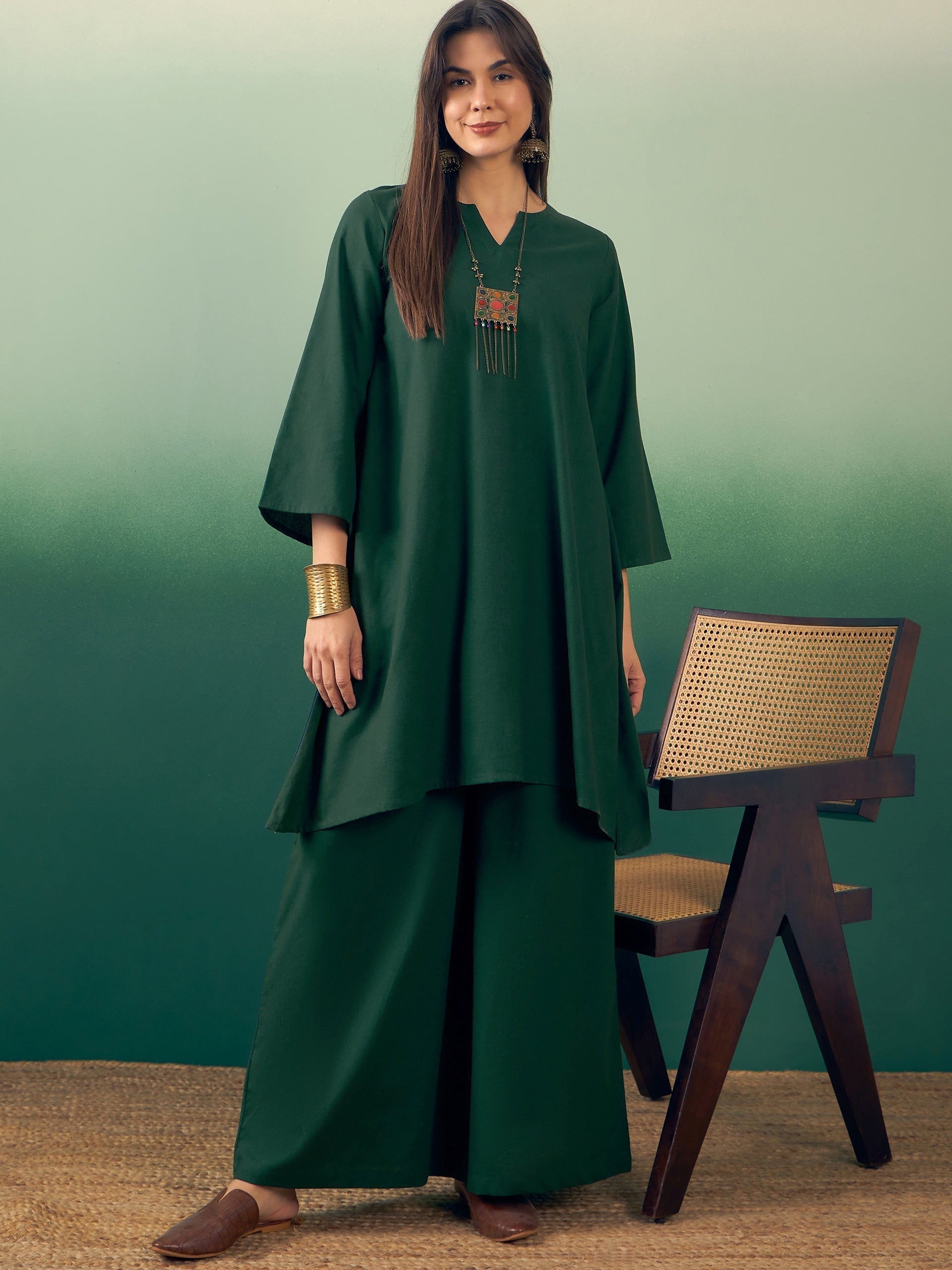 InWeave Dark Green Kurta Palazzo Set 