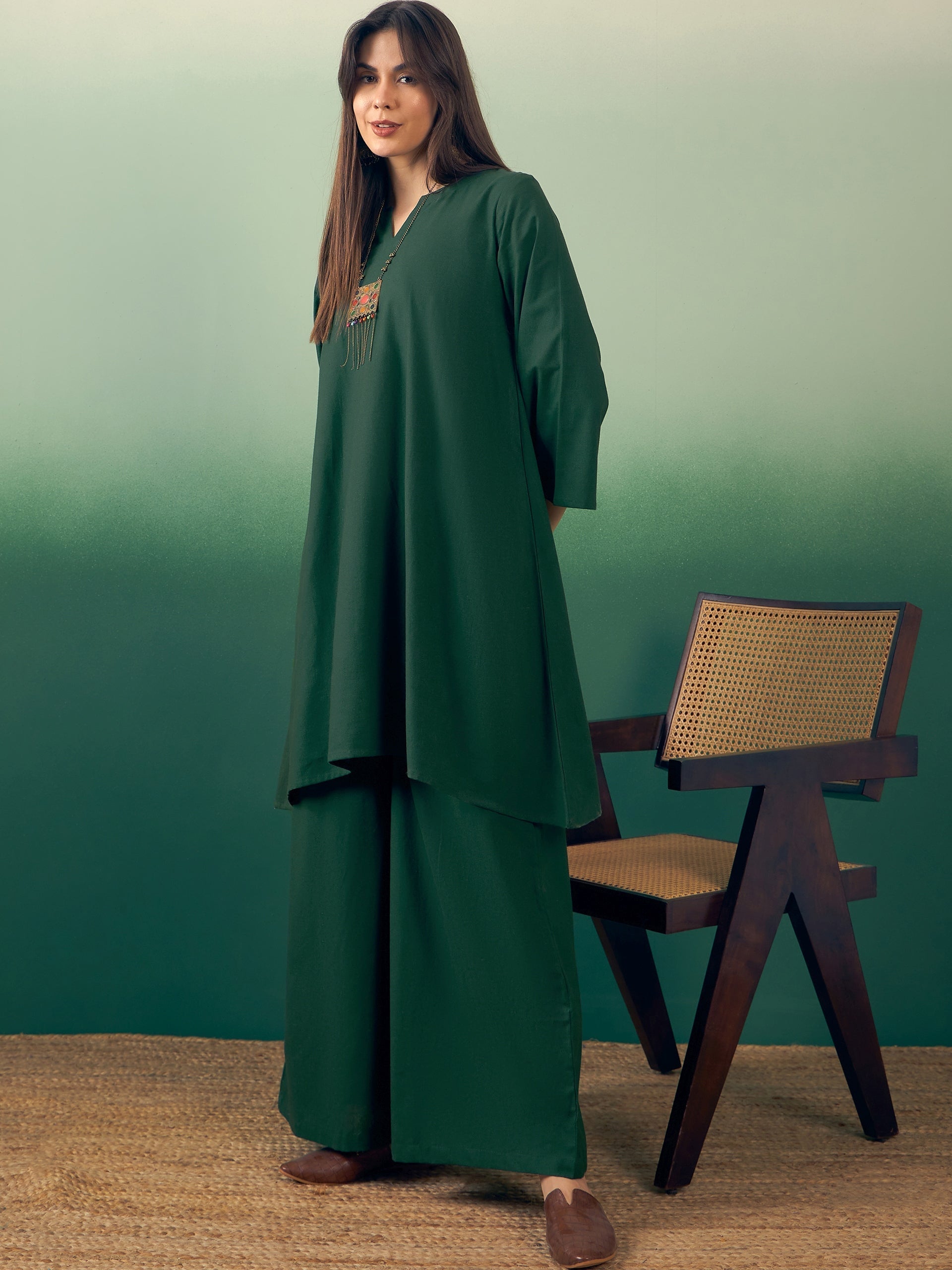 InWeave Dark Green Kurta Palazzo Set 