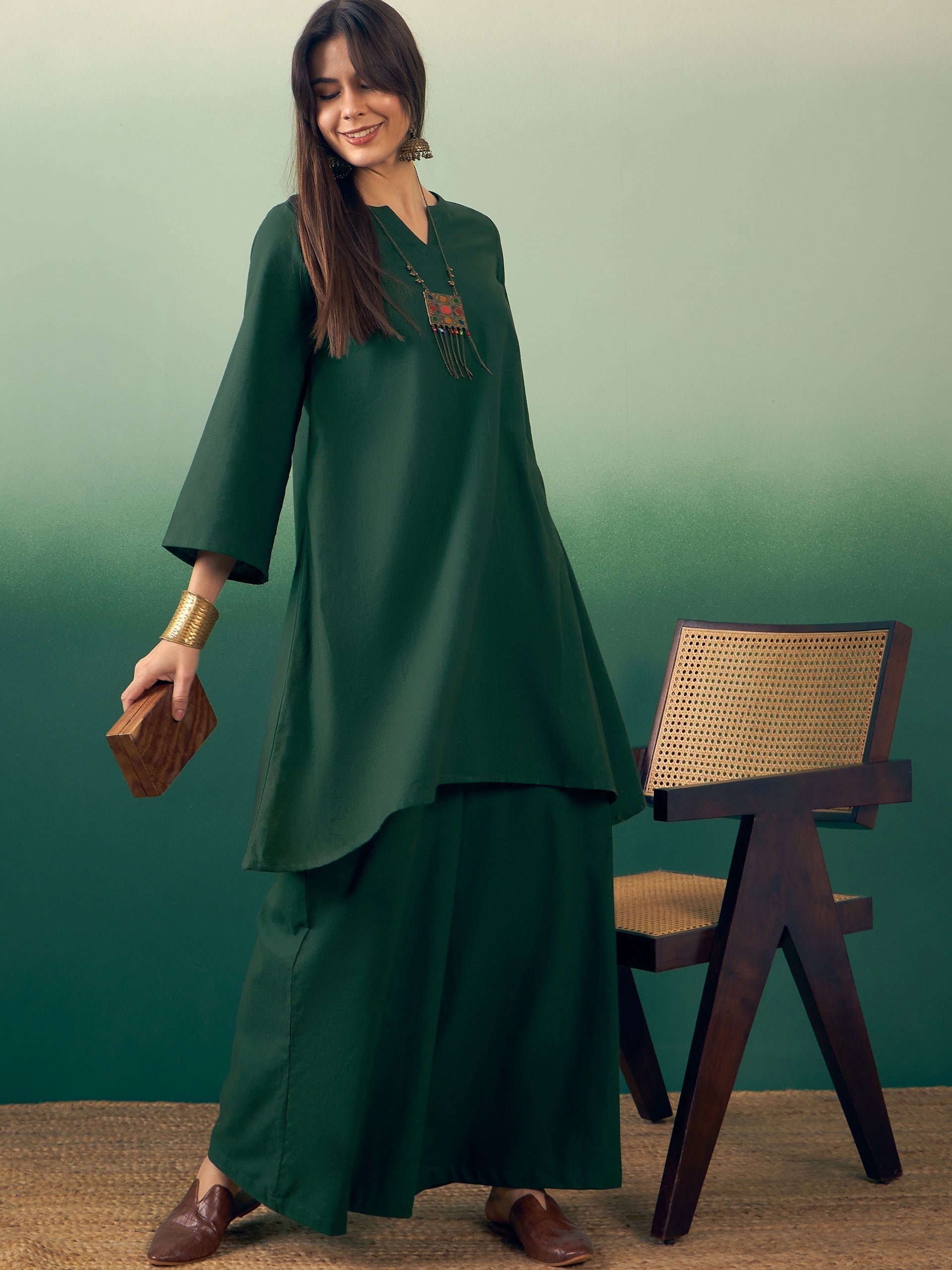 InWeave Dark Green Kurta Palazzo Set 
