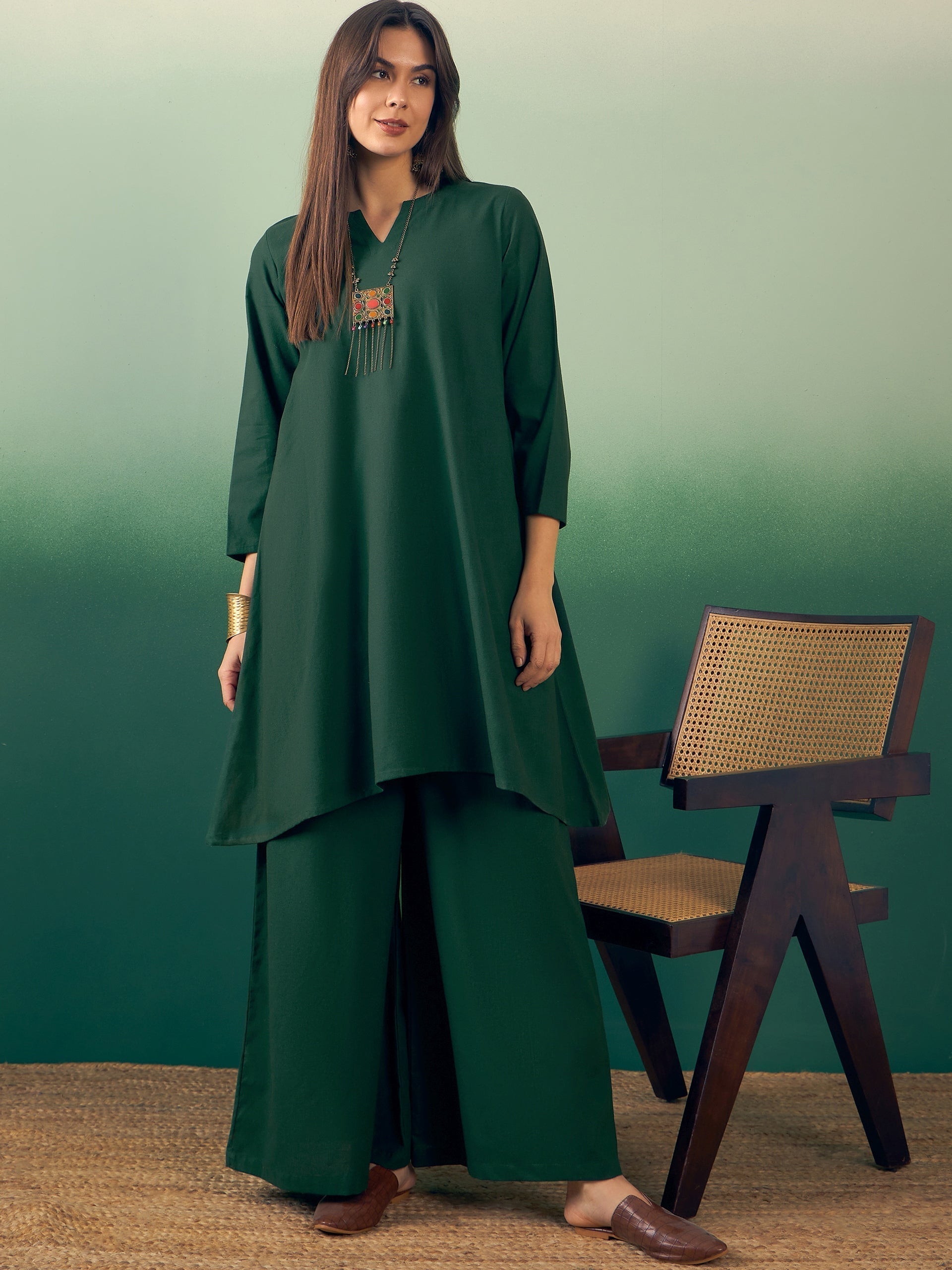 InWeave Dark Green Kurta Palazzo Set 