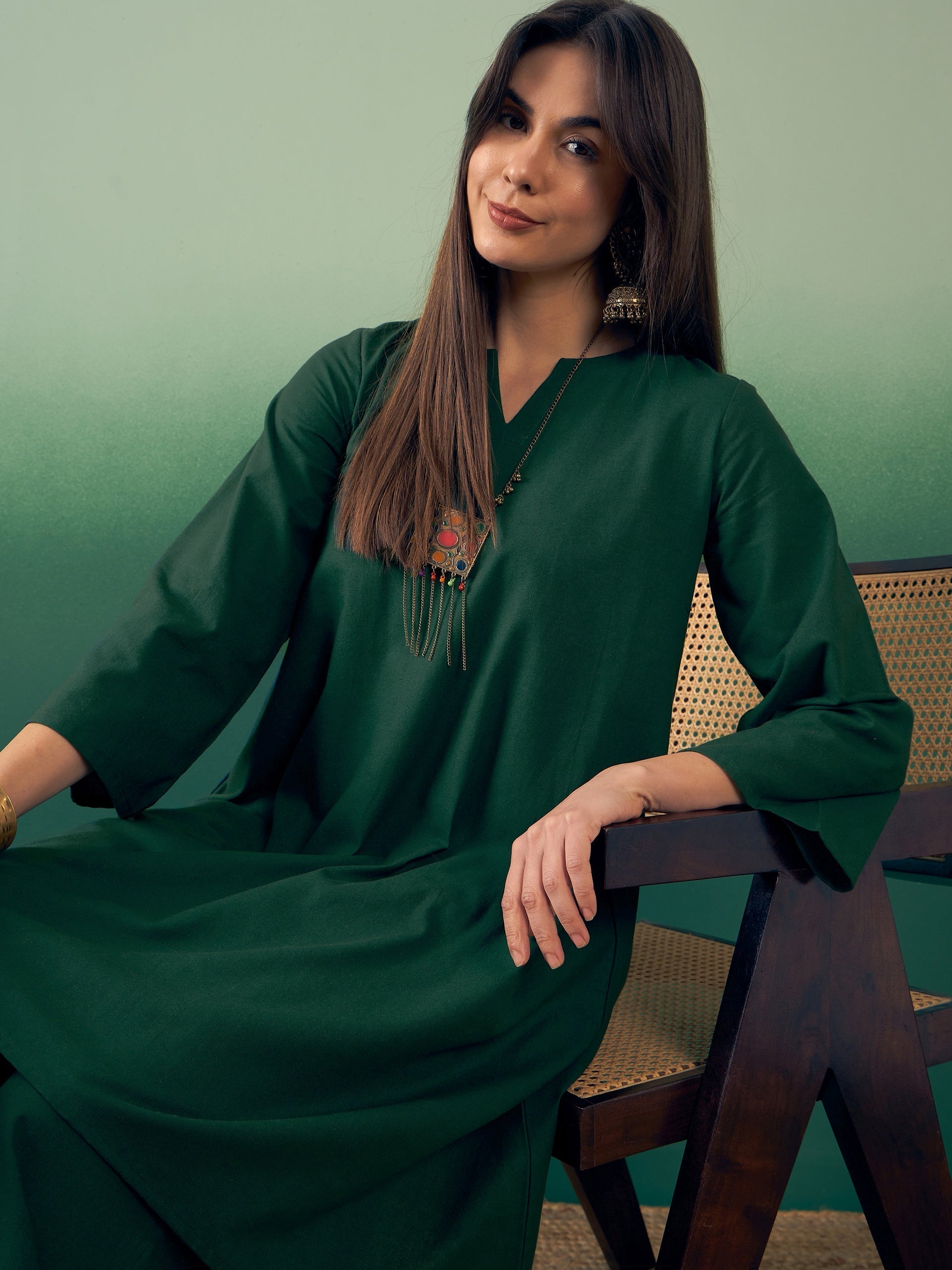 InWeave Dark Green Kurta Palazzo Set 