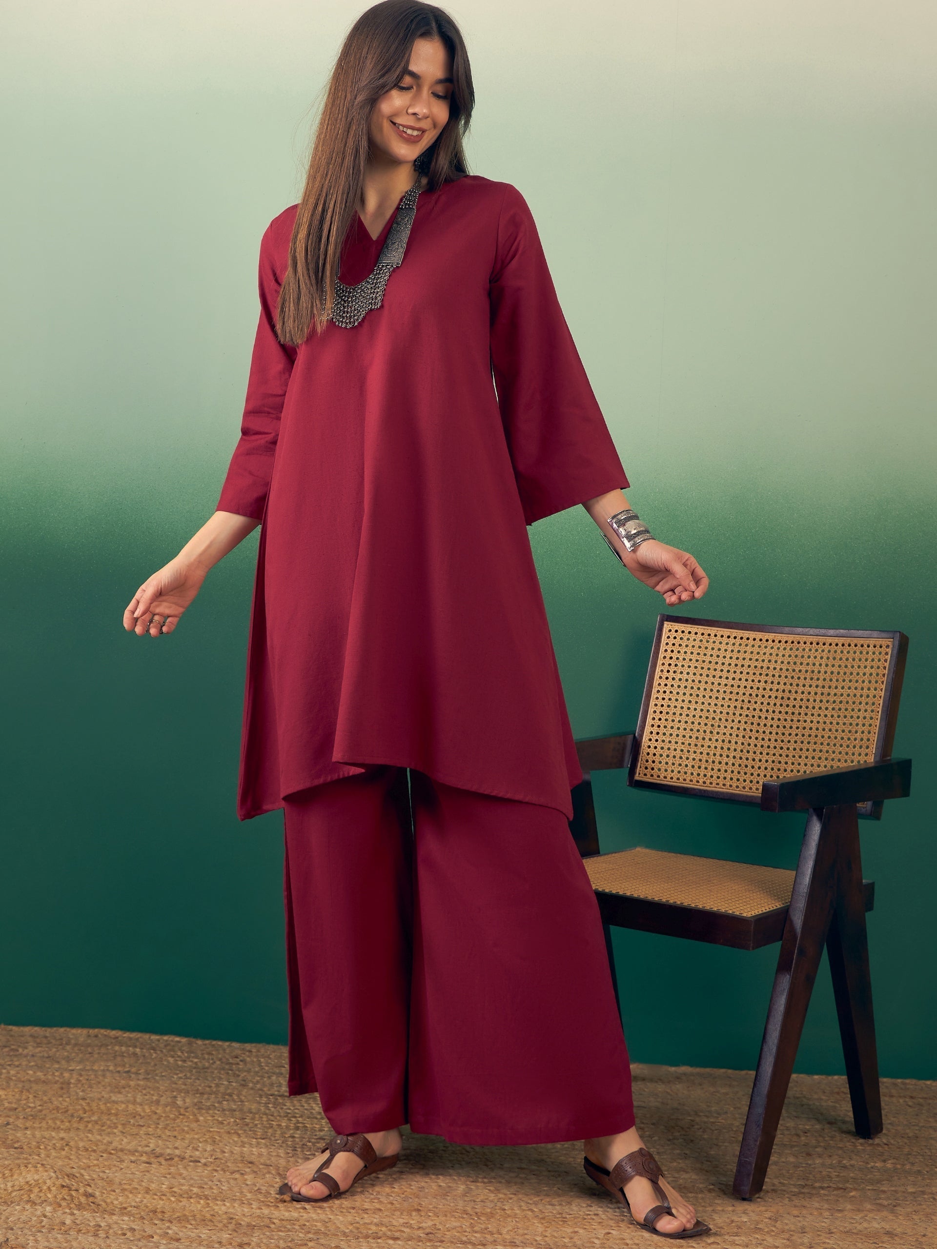 InWeave Burgundy Kurta Palazzo Set 