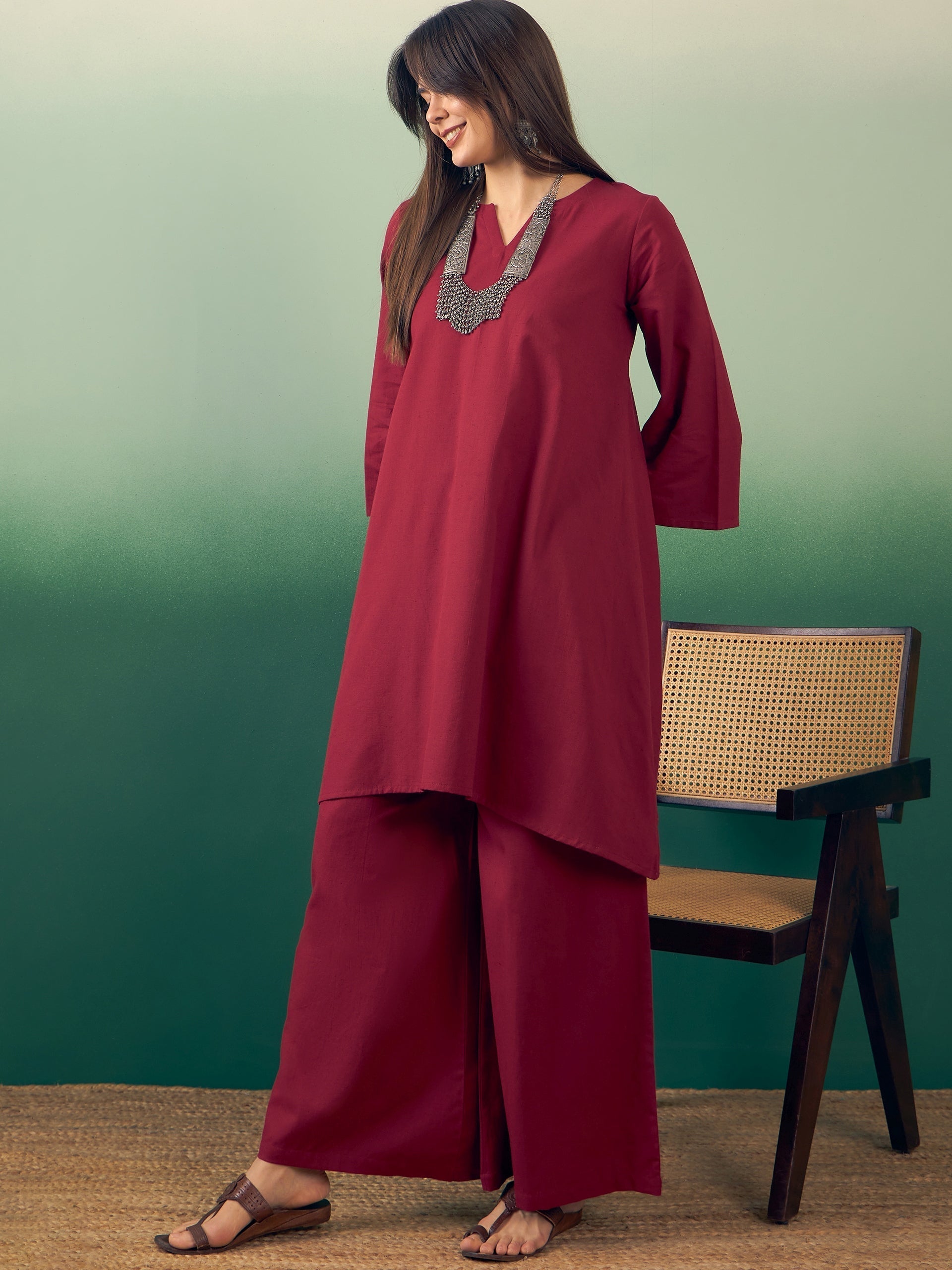 InWeave Burgundy Kurta Palazzo Set 