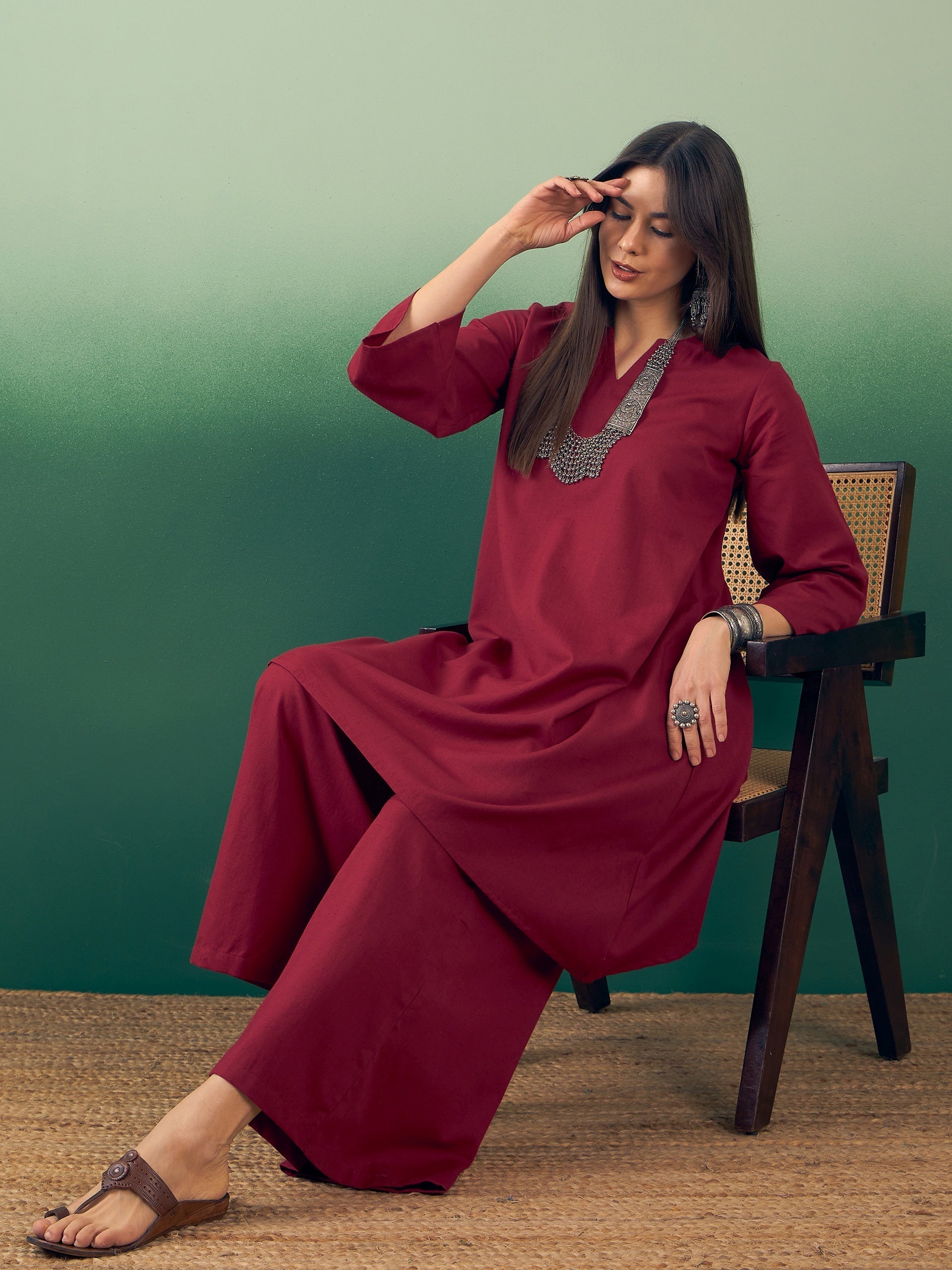InWeave Burgundy Kurta Palazzo Set 