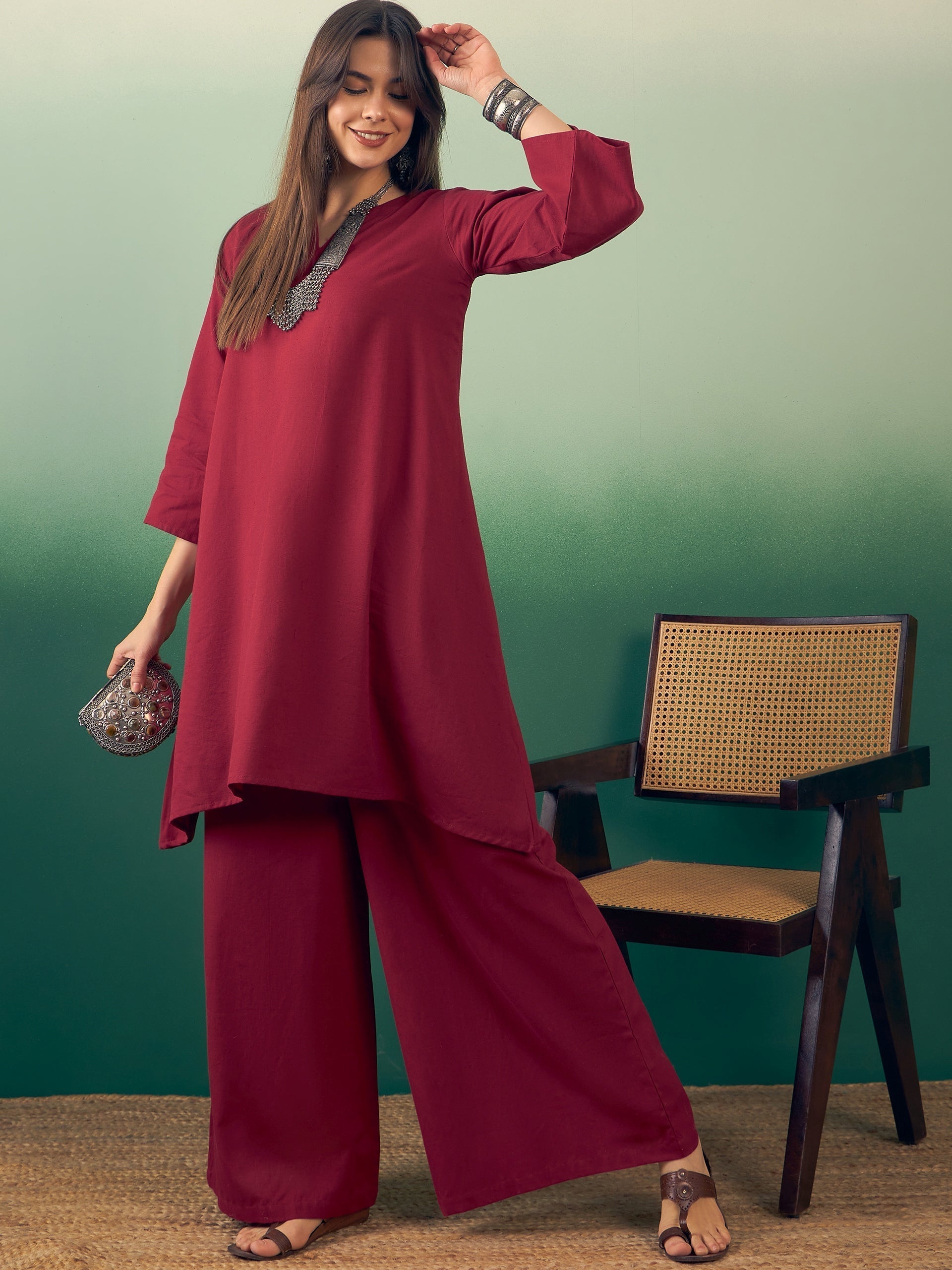 InWeave Burgundy Kurta Palazzo Set 