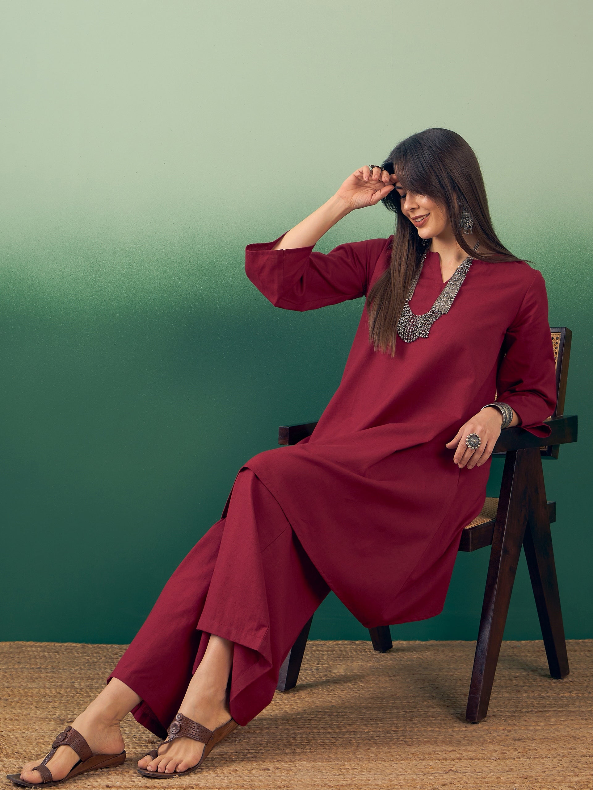 InWeave Burgundy Kurta Palazzo Set 