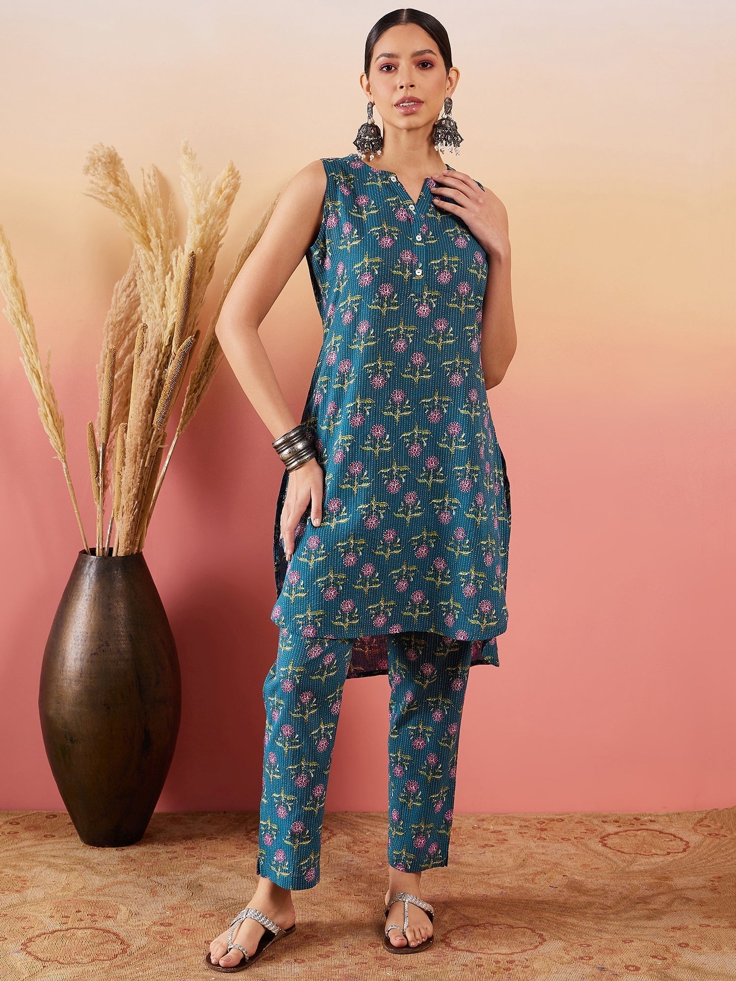 InWeave Teal Kantha Mandarin Kurta Set 