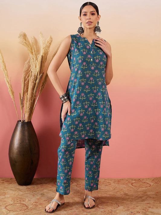 InWeave Teal Kantha Mandarin Kurta Set 