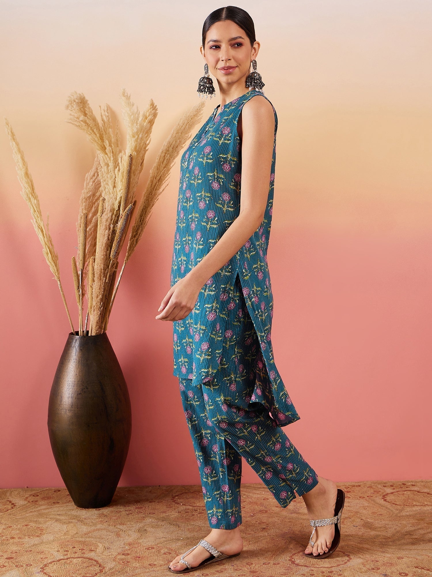 InWeave Teal Kantha Mandarin Kurta Set 