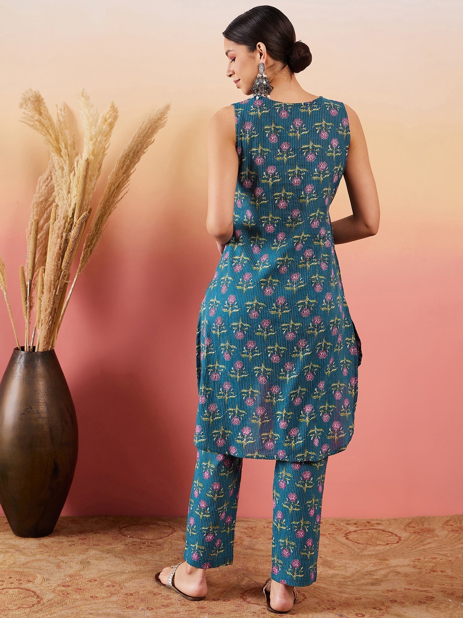 InWeave Teal Kantha Mandarin Kurta Set 