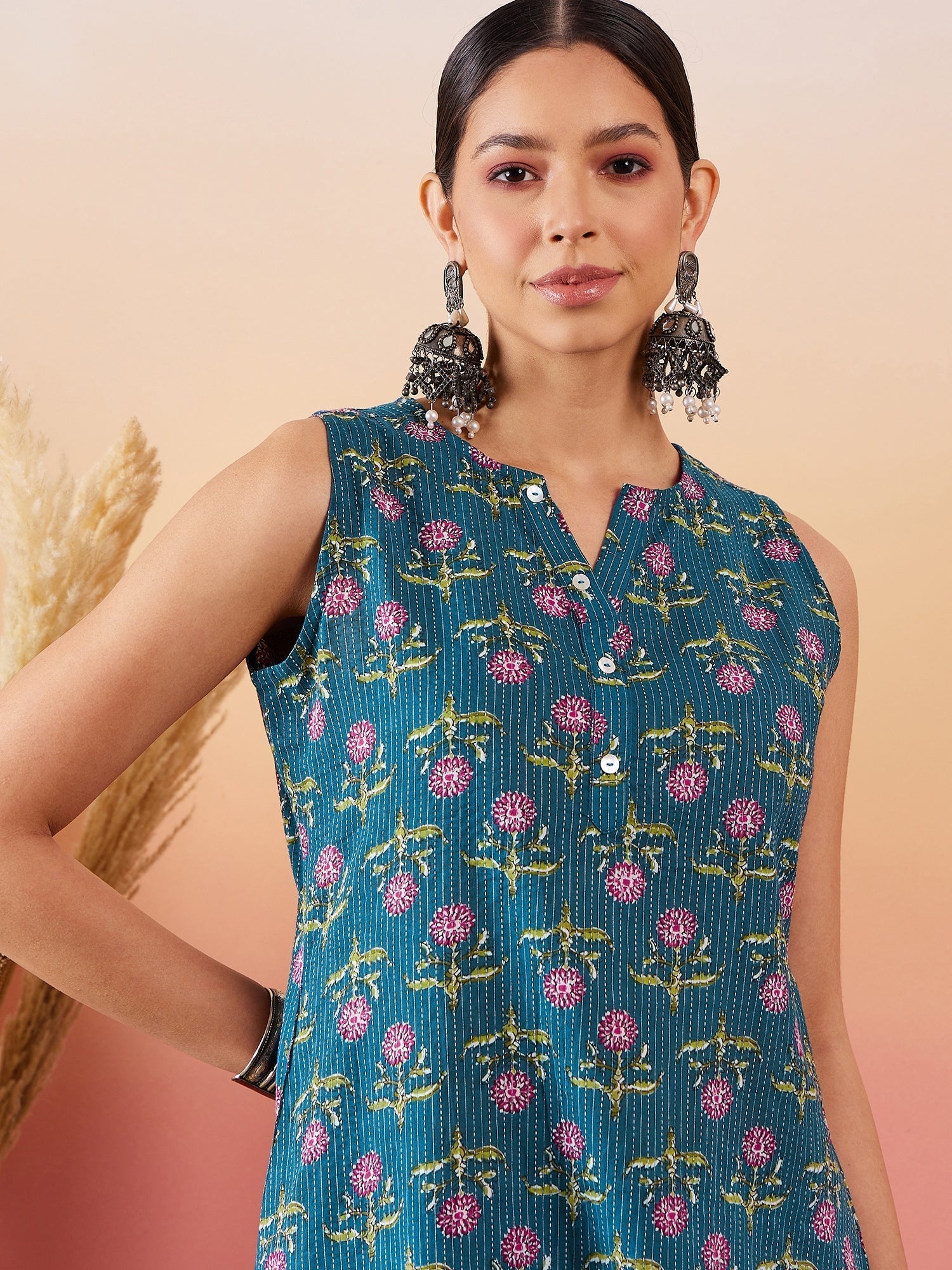 InWeave Teal Kantha Mandarin Kurta Set 