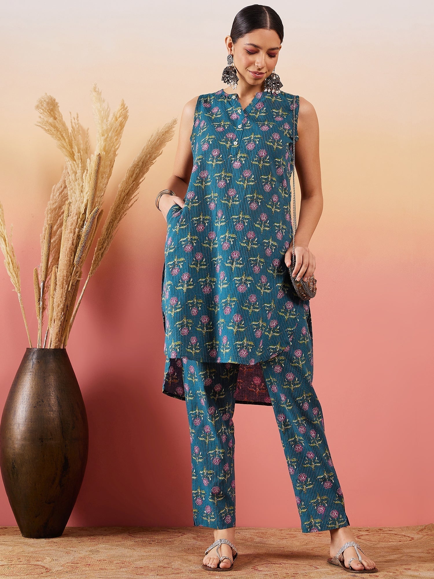 InWeave Teal Kantha Mandarin Kurta Set 