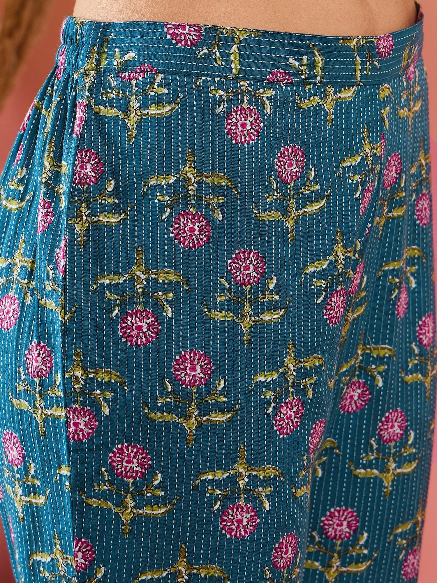 InWeave Teal Kantha Mandarin Kurta Set 