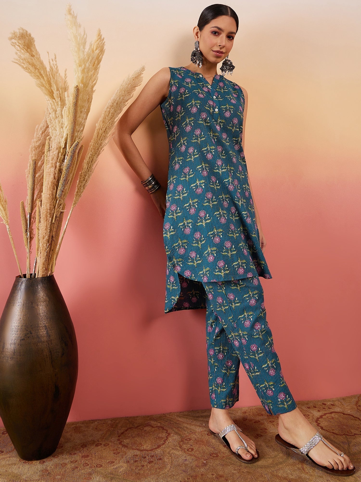 InWeave Teal Kantha Mandarin Kurta Set 