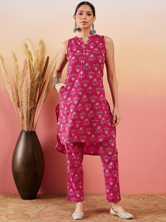 InWeave Red Kantha Print Mandarin V Neck Button Kurta Pant Set 
