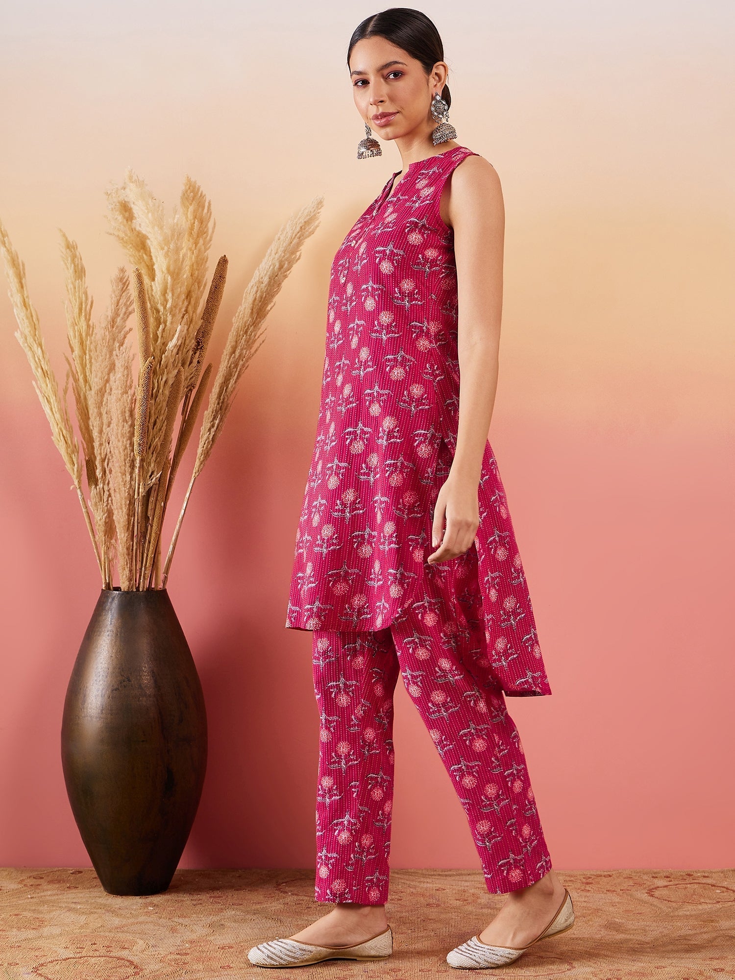 InWeave Red Kantha Print Mandarin V Neck Button Kurta Pant Set 